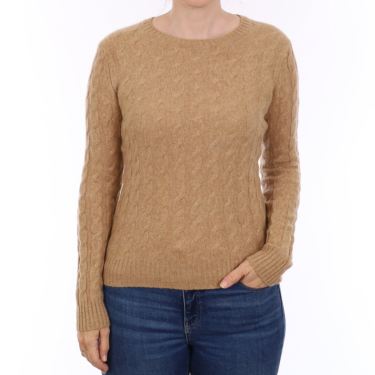 Caramel Brown Chunky Cable Cashmere Crew Neck Jumper Small