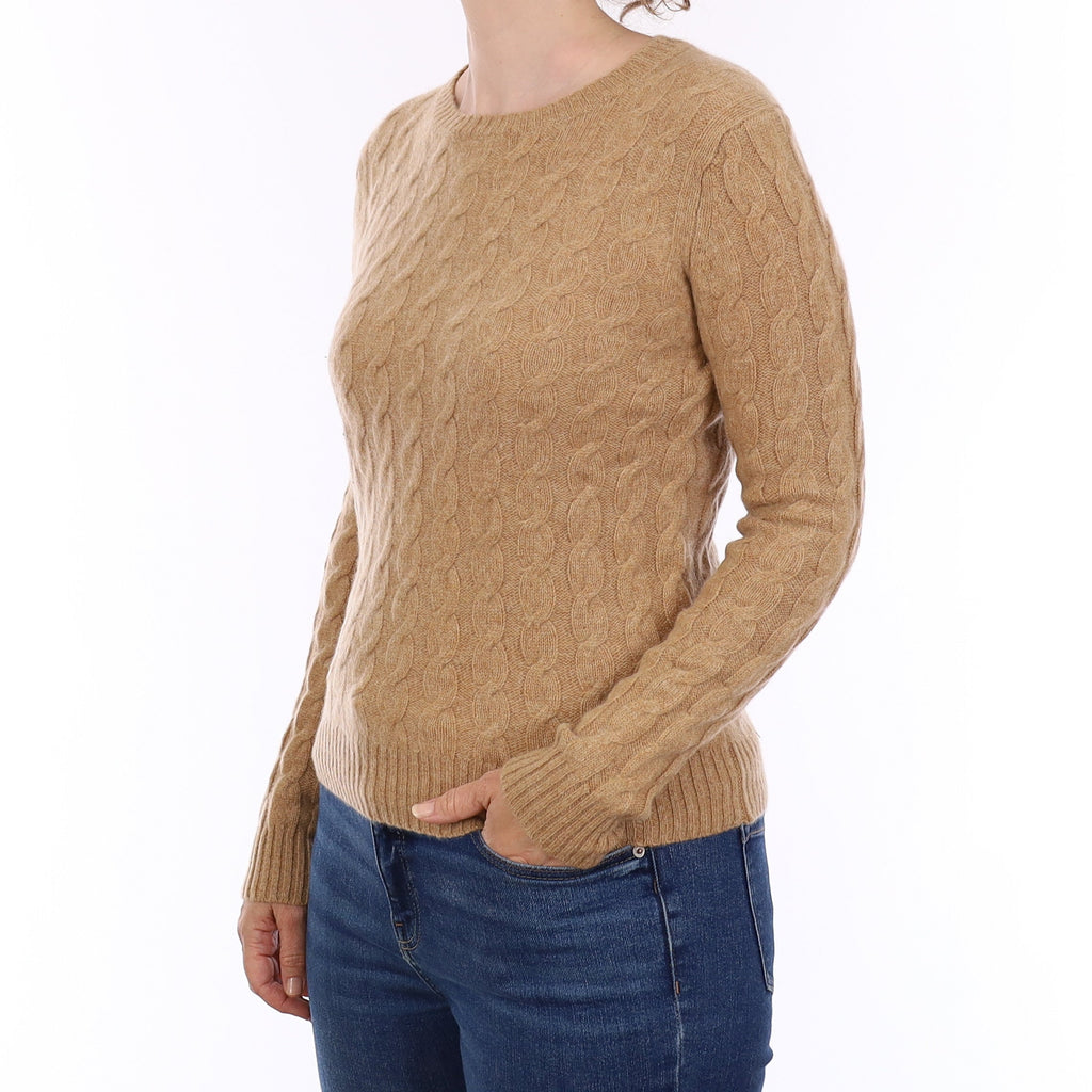 Caramel Brown Chunky Cable Cashmere Crew Neck Jumper Small