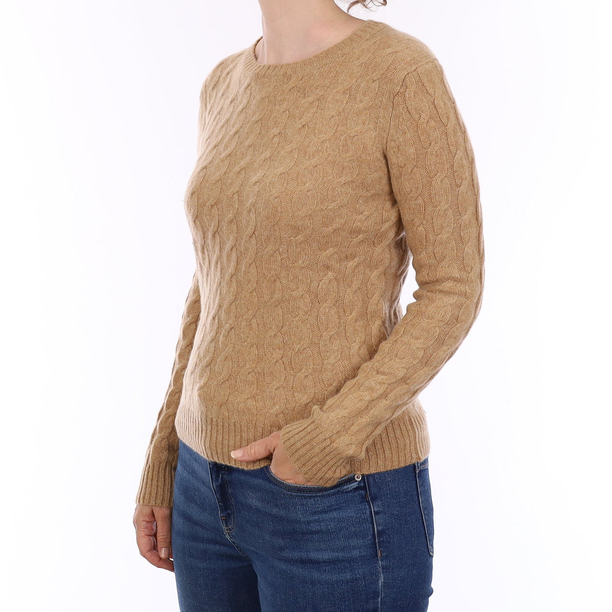Caramel Brown Chunky Cable Cashmere Crew Neck Jumper Small