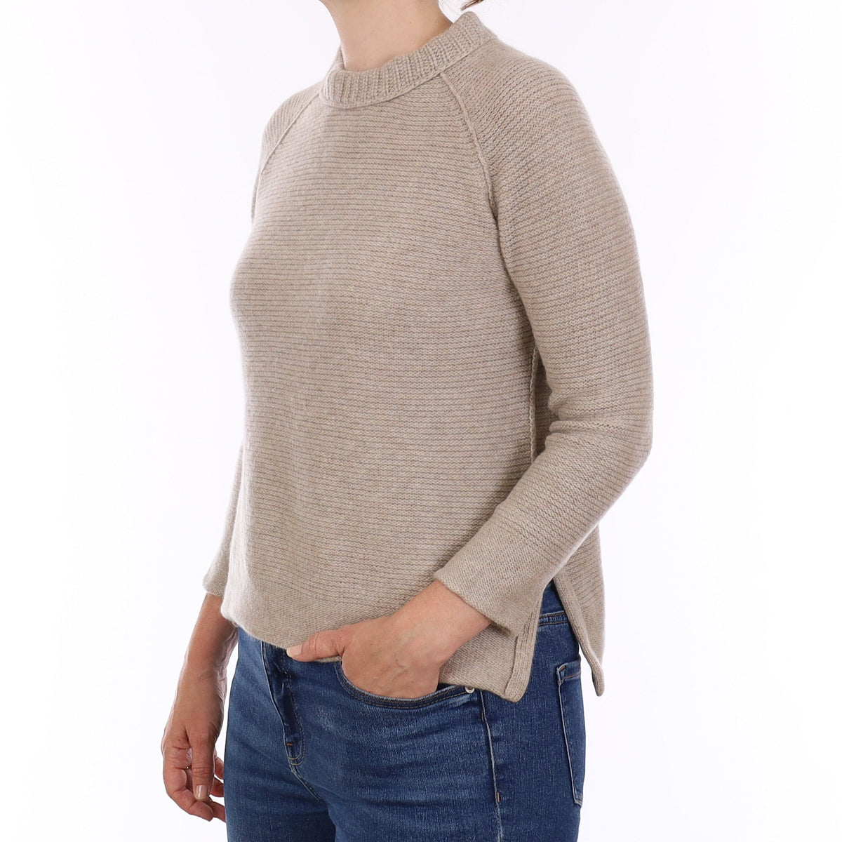 Fawn Chunky Textured Cashmere Crew Neck Jumper Small