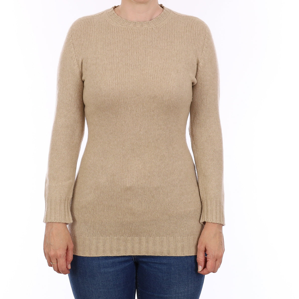 Italian Beige Chunky Knit Cashmere Crew Neck Jumper Small