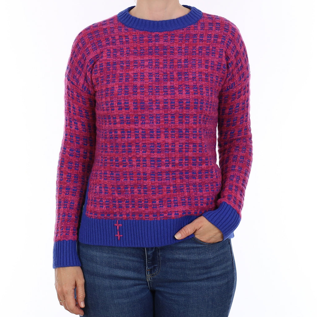 Cobalt & Magenta Extra Chunky Cashmere Crew Neck Jumper Small