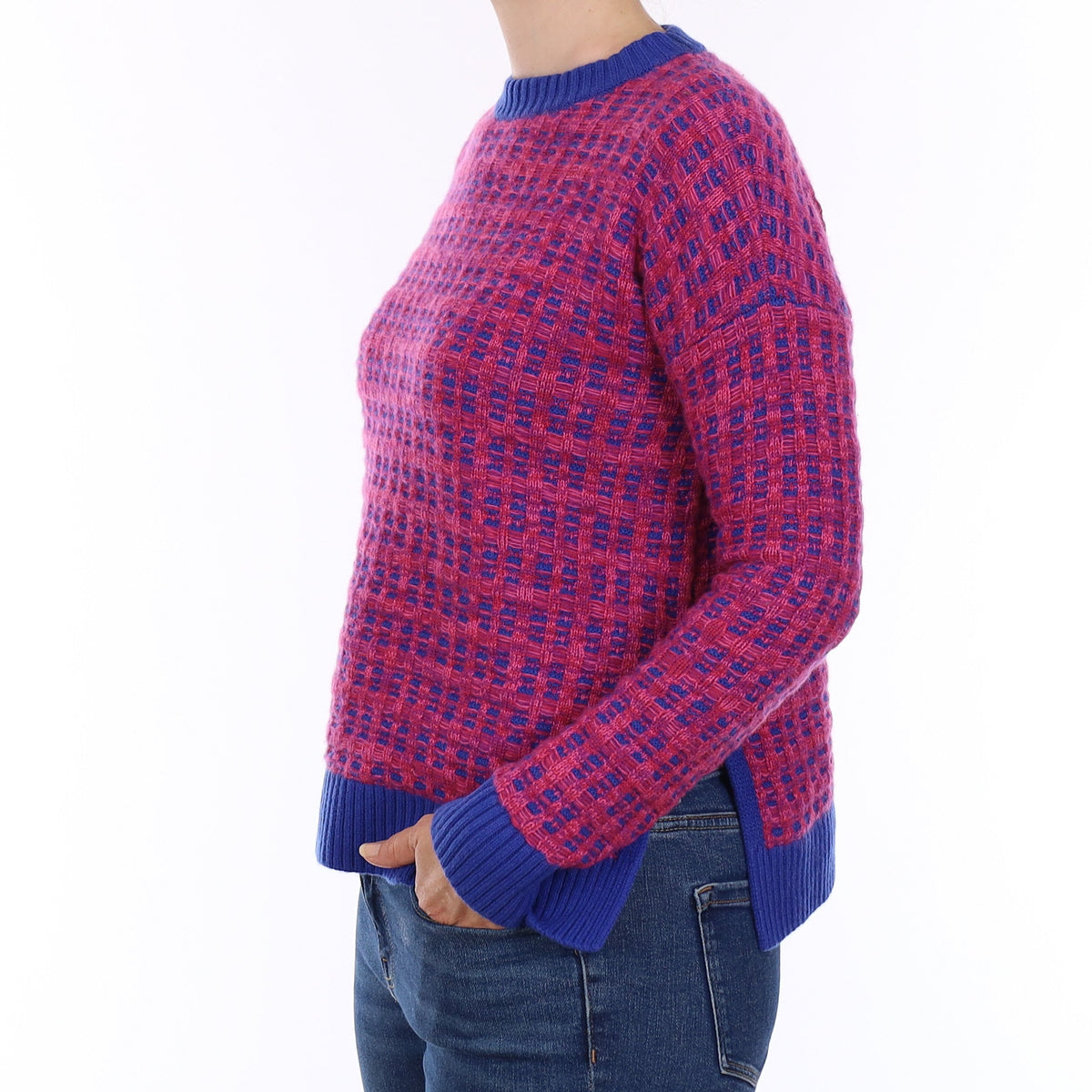 Cobalt & Magenta Extra Chunky Cashmere Crew Neck Jumper Small