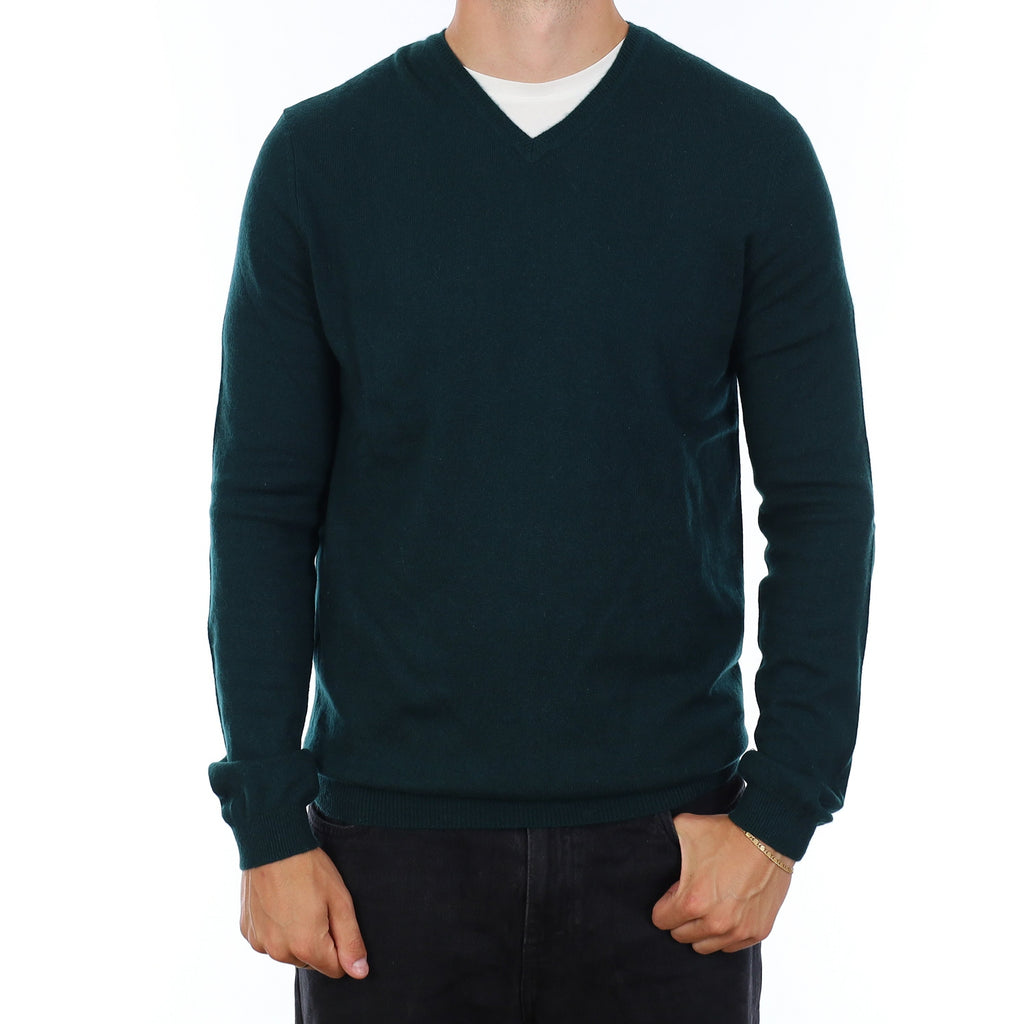 Men's Bottle Green Cashmere V Neck Jumper XL