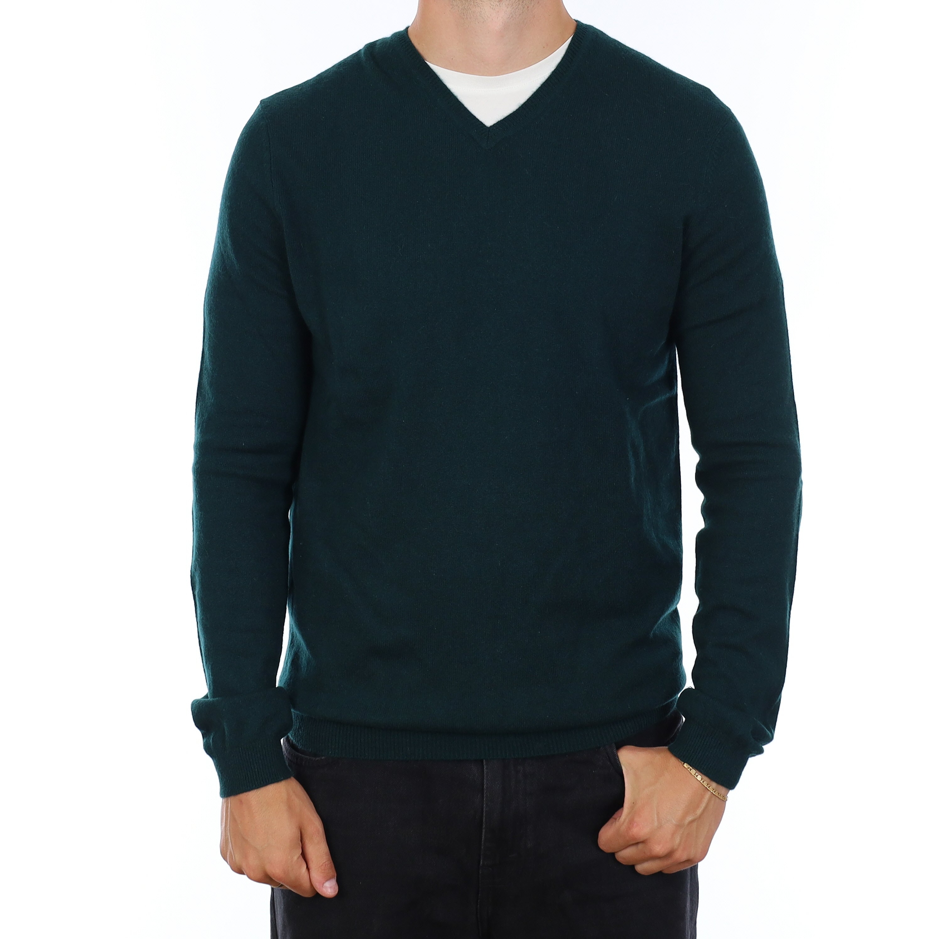 Men's Bottle Green Cashmere V Neck Jumper XL