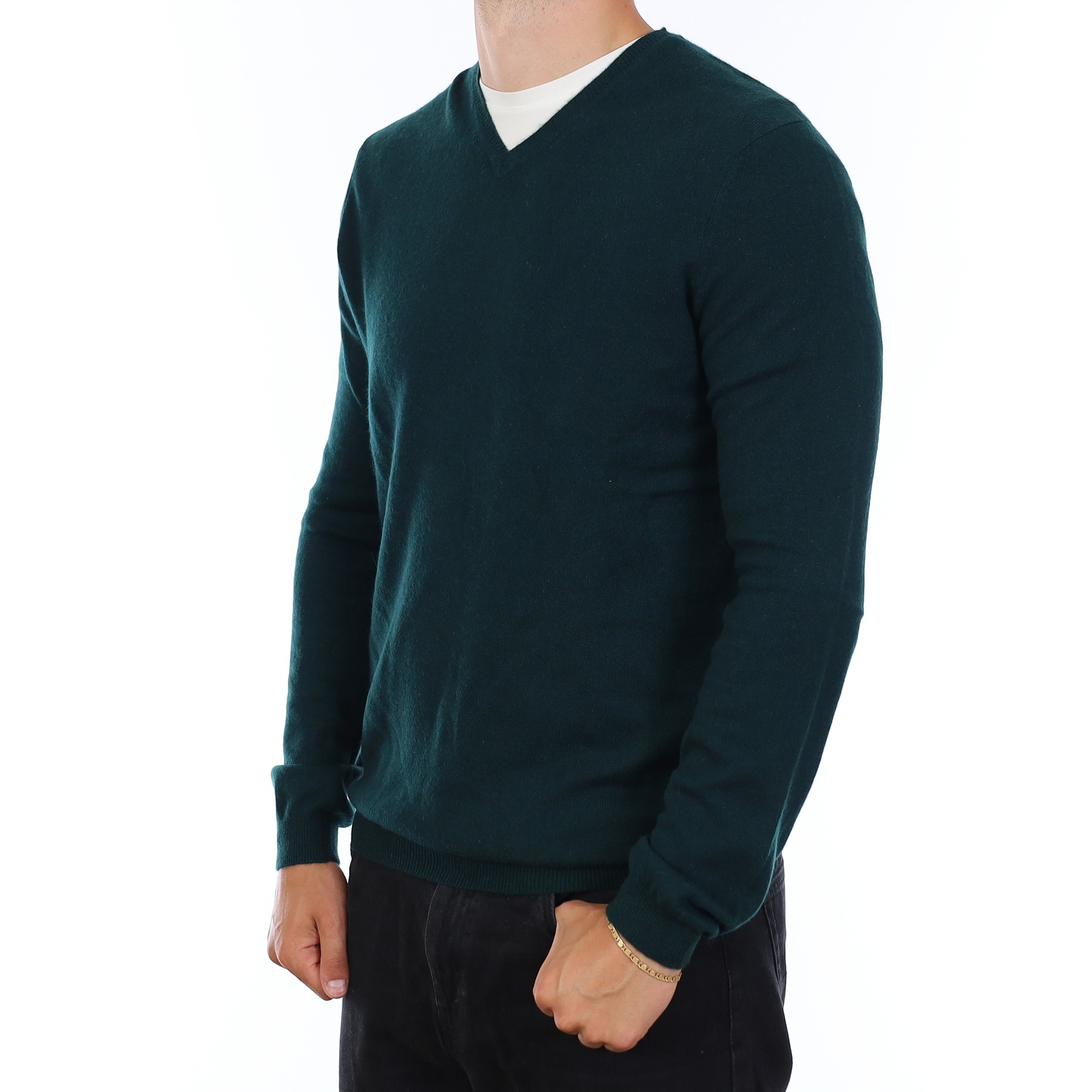 Men's Bottle Green Cashmere V Neck Jumper XL