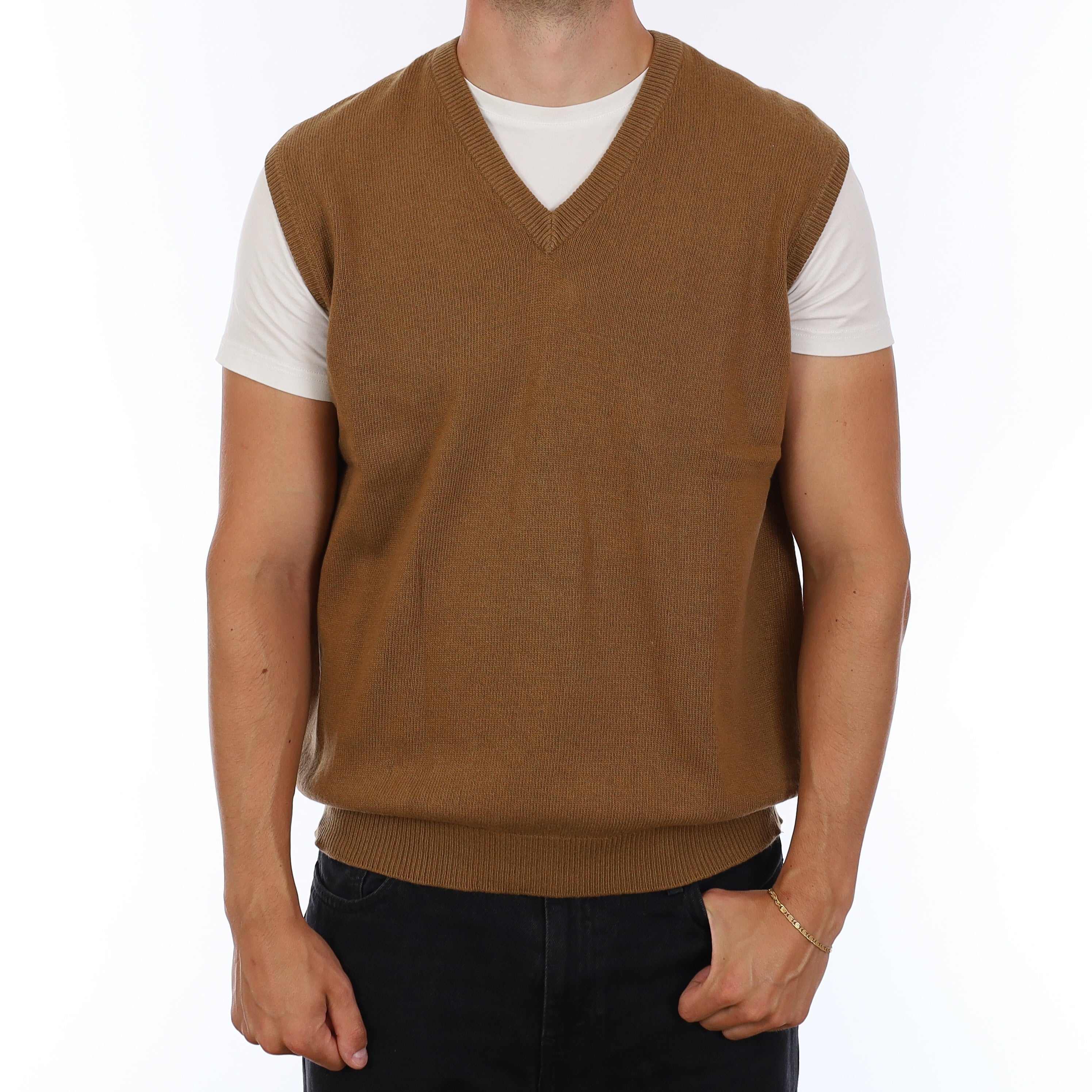 Men's Scottish Butterscotch Cashmere V Neck Tank Top XL