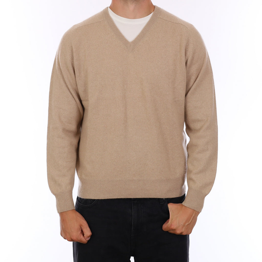 Men's Beige Cashmere V Neck Jumper XL