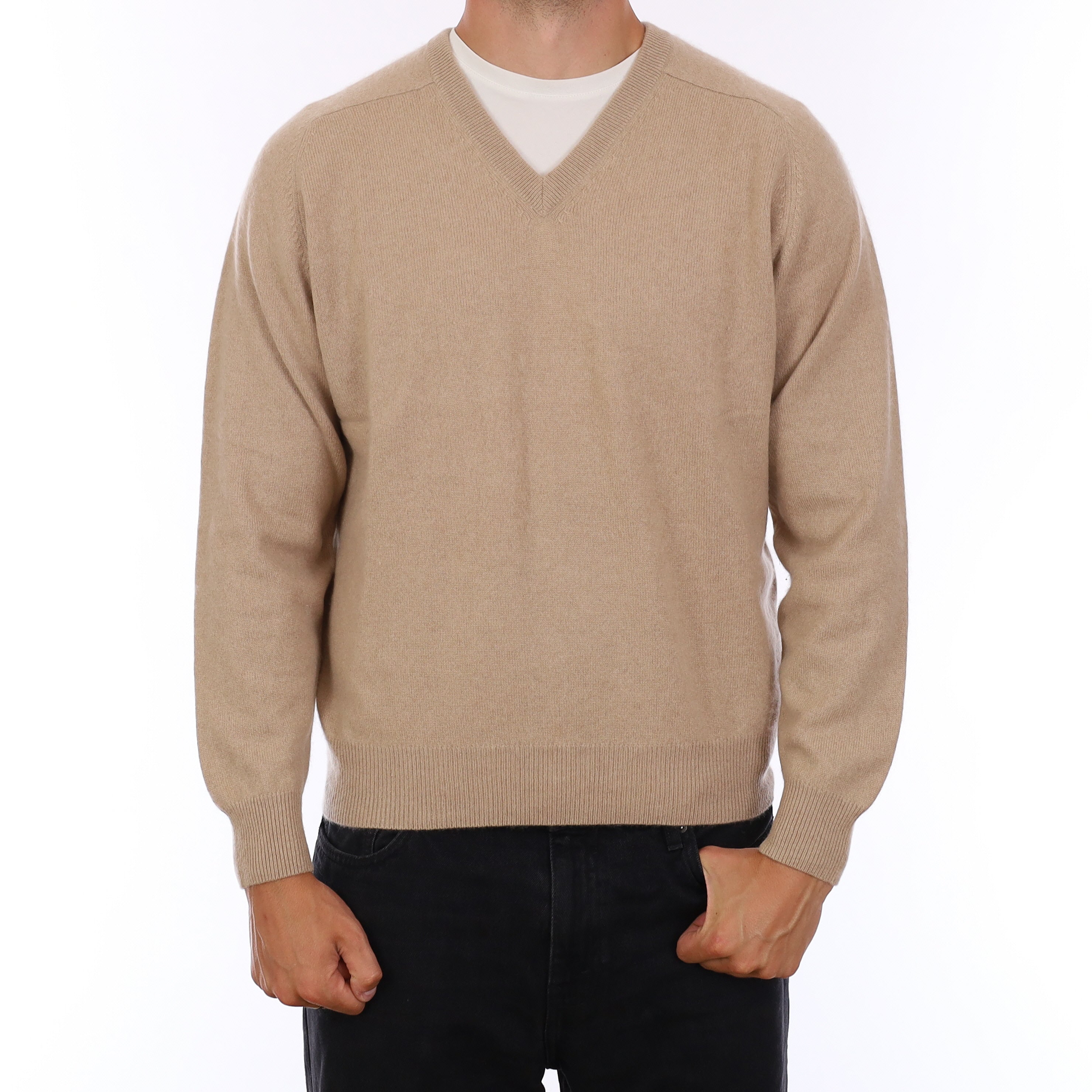 Men's Beige Cashmere V Neck Jumper XL