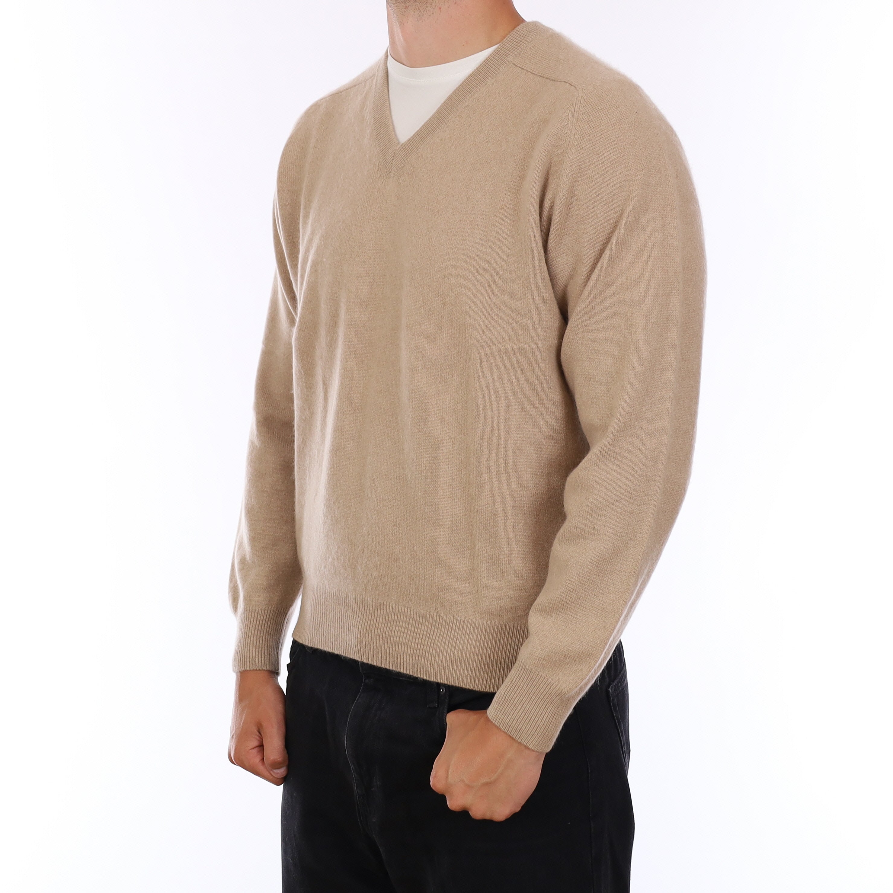 Men's Beige Cashmere V Neck Jumper XL