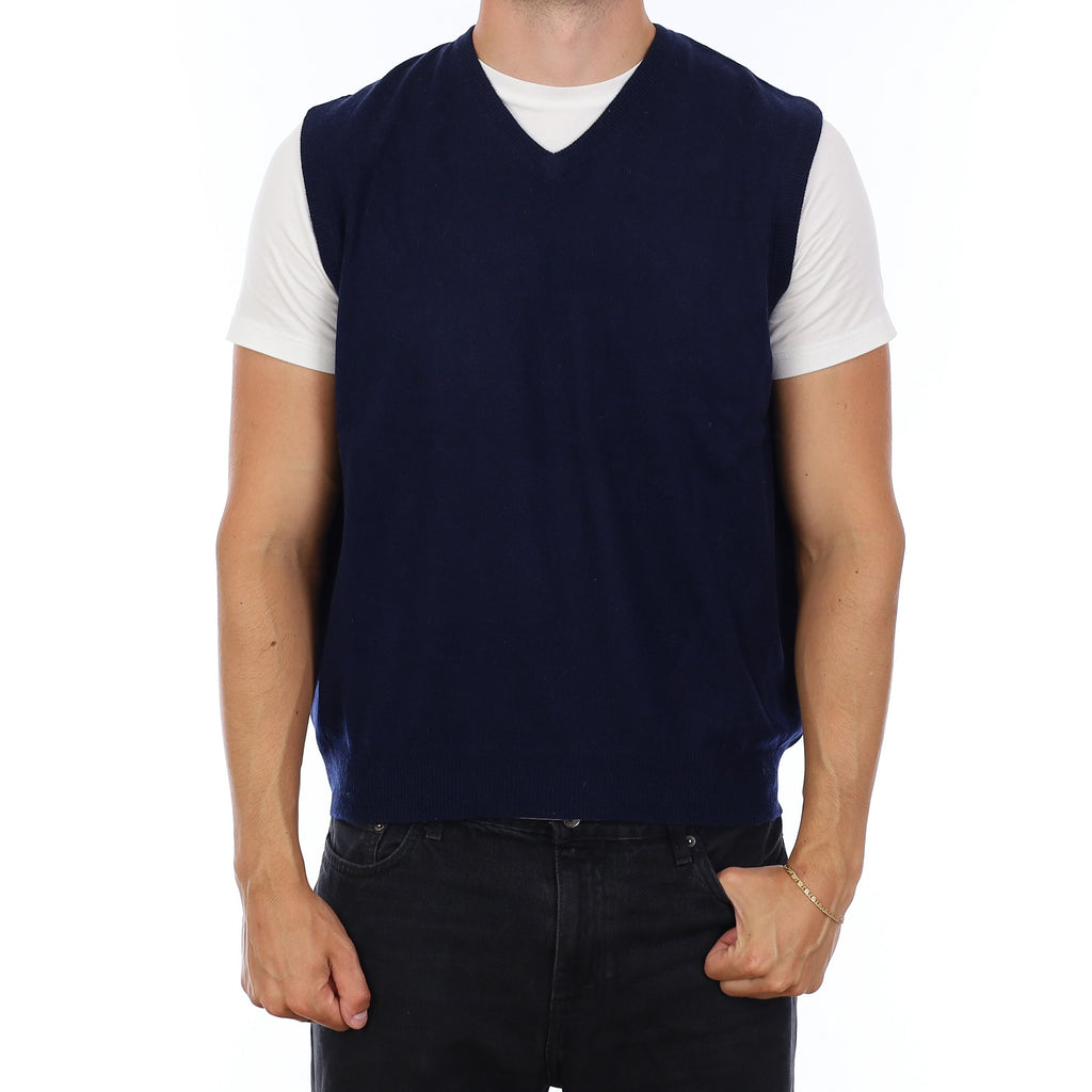 Men's Navy Cashmere V Neck Tank Top XL