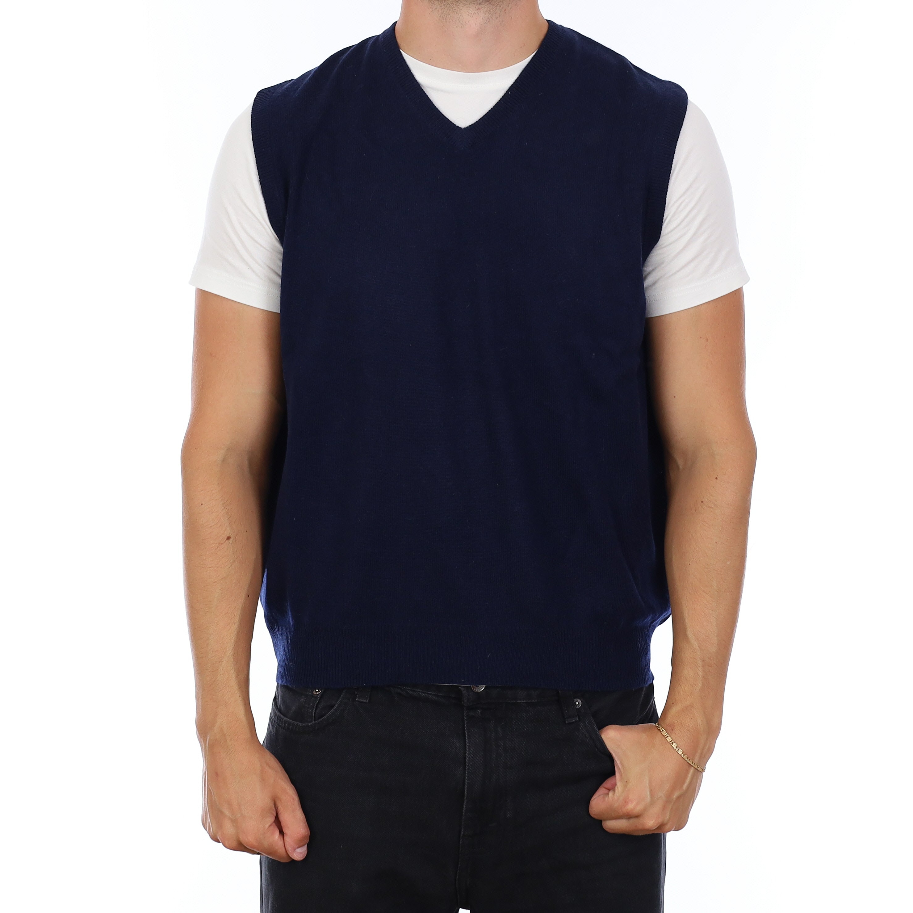 Men's Navy Cashmere V Neck Tank Top XL