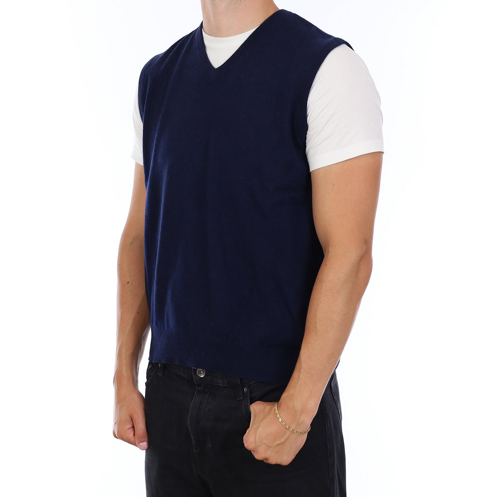 Men's Navy Cashmere V Neck Tank Top XL