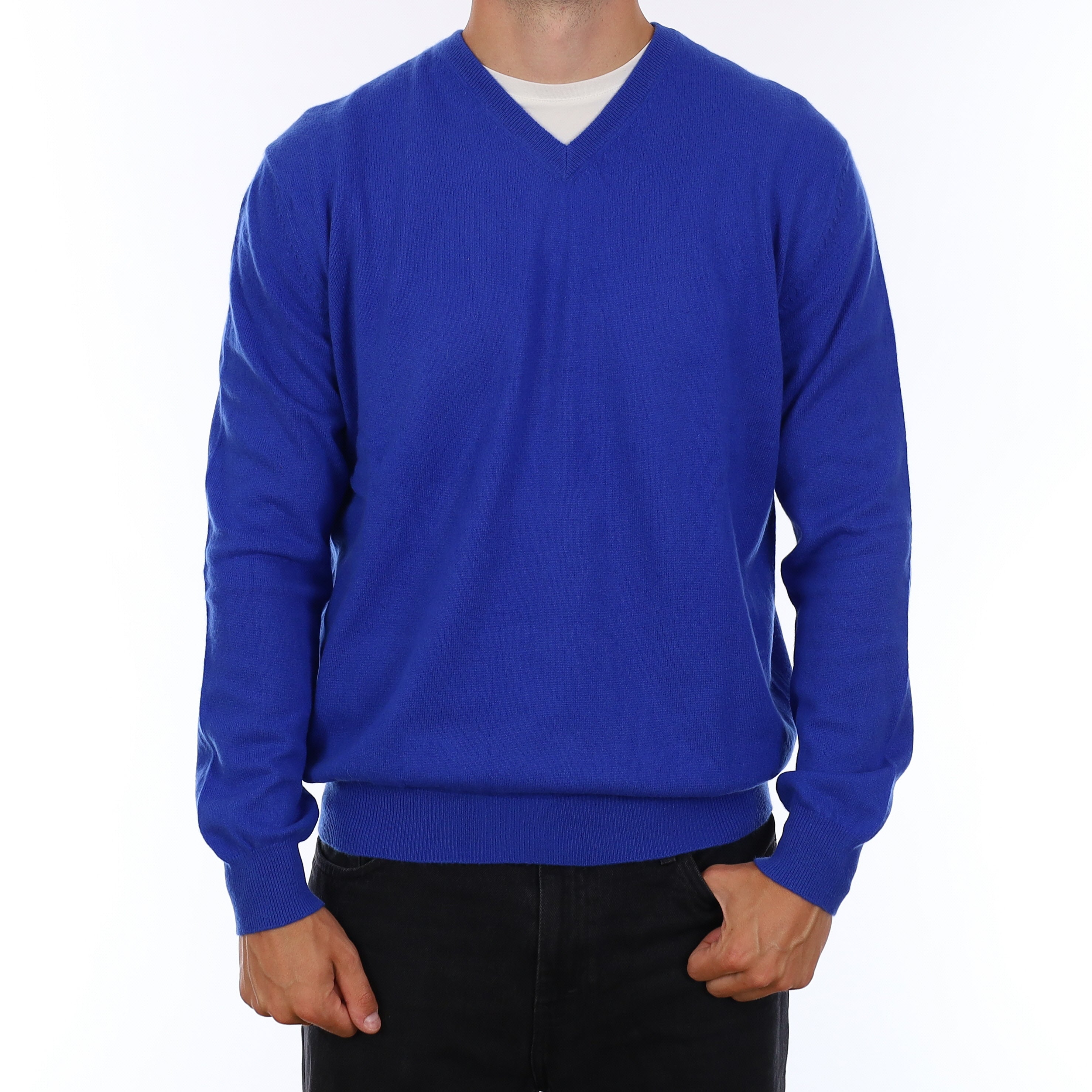 Men's Electric Blue Cashmere V Neck Jumper XL
