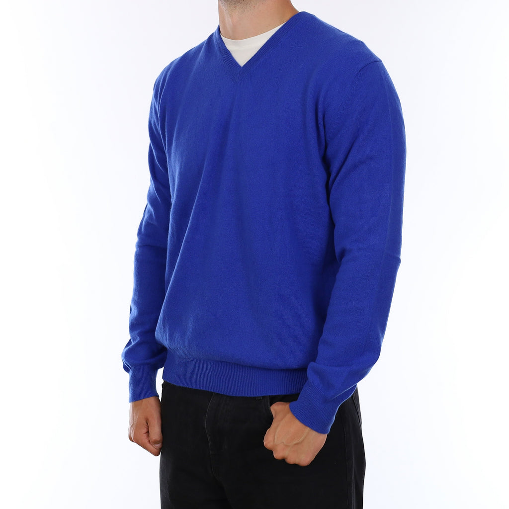 Men's Electric Blue Cashmere V Neck Jumper XL