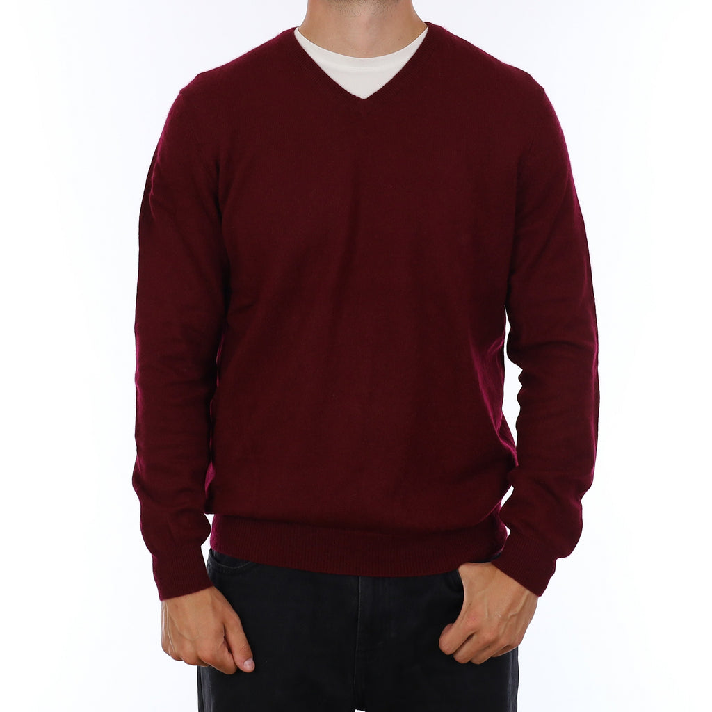 Men's Wine Red Cashmere V Neck Jumper XL