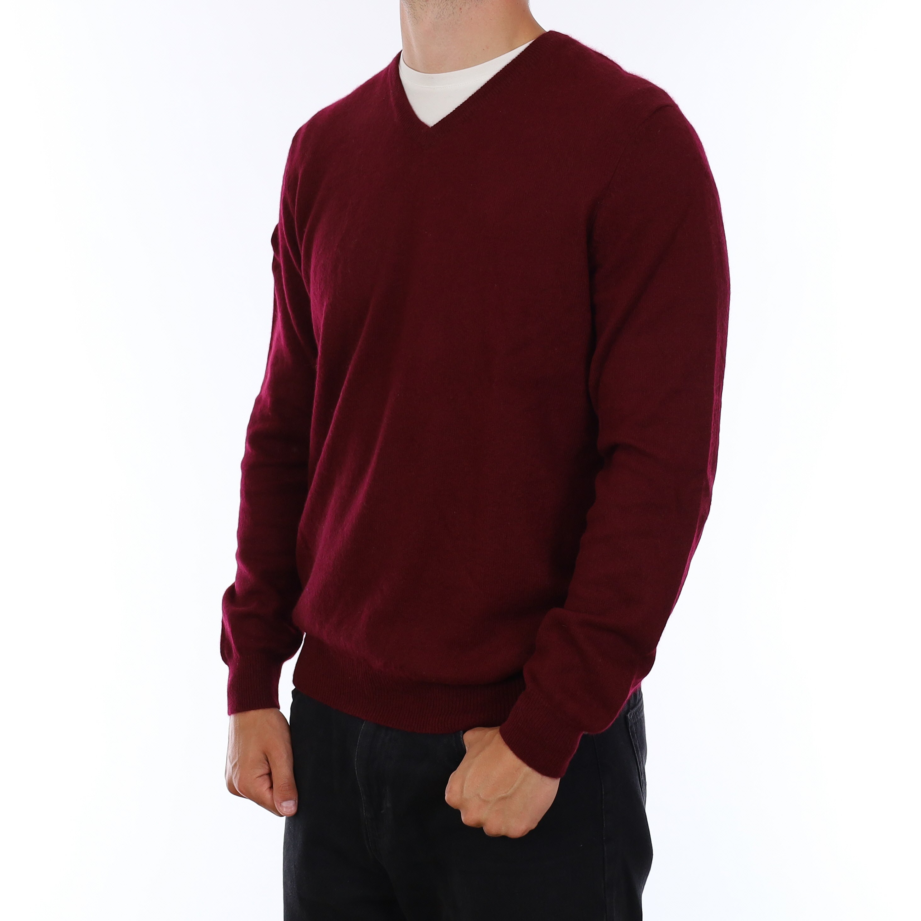Men's Wine Red Cashmere V Neck Jumper XL