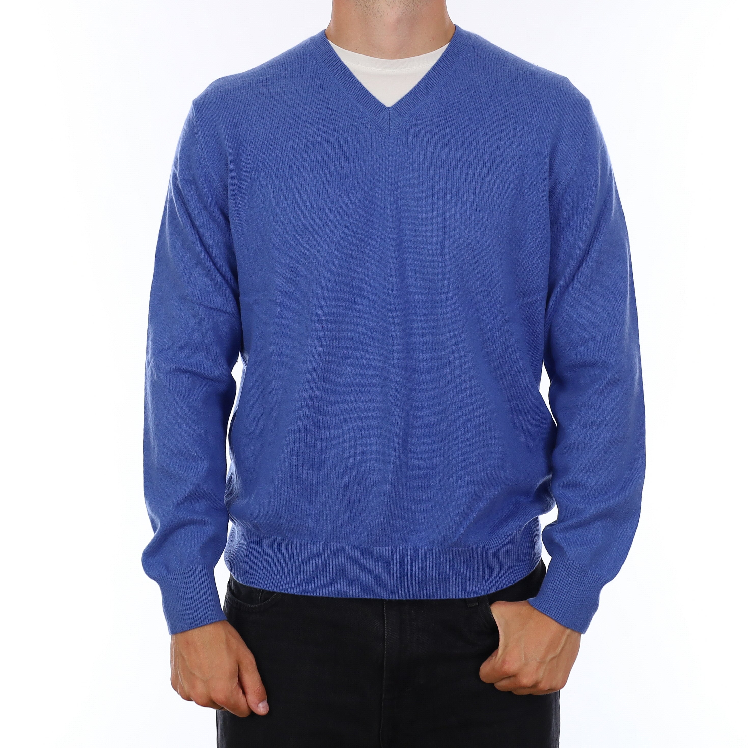 Men's Azure Blue Cashmere V Neck Jumper XL