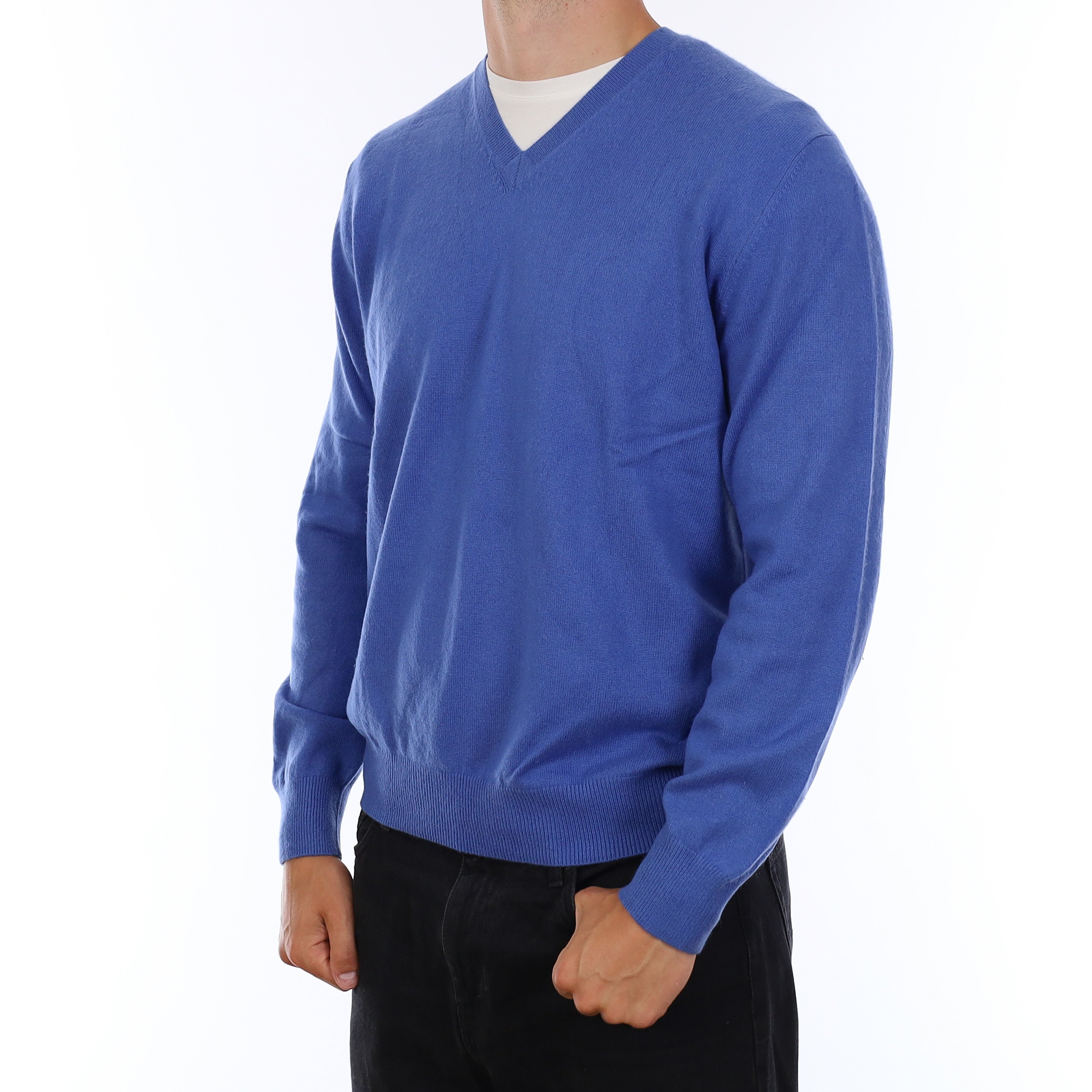 Men's Azure Blue Cashmere V Neck Jumper XL