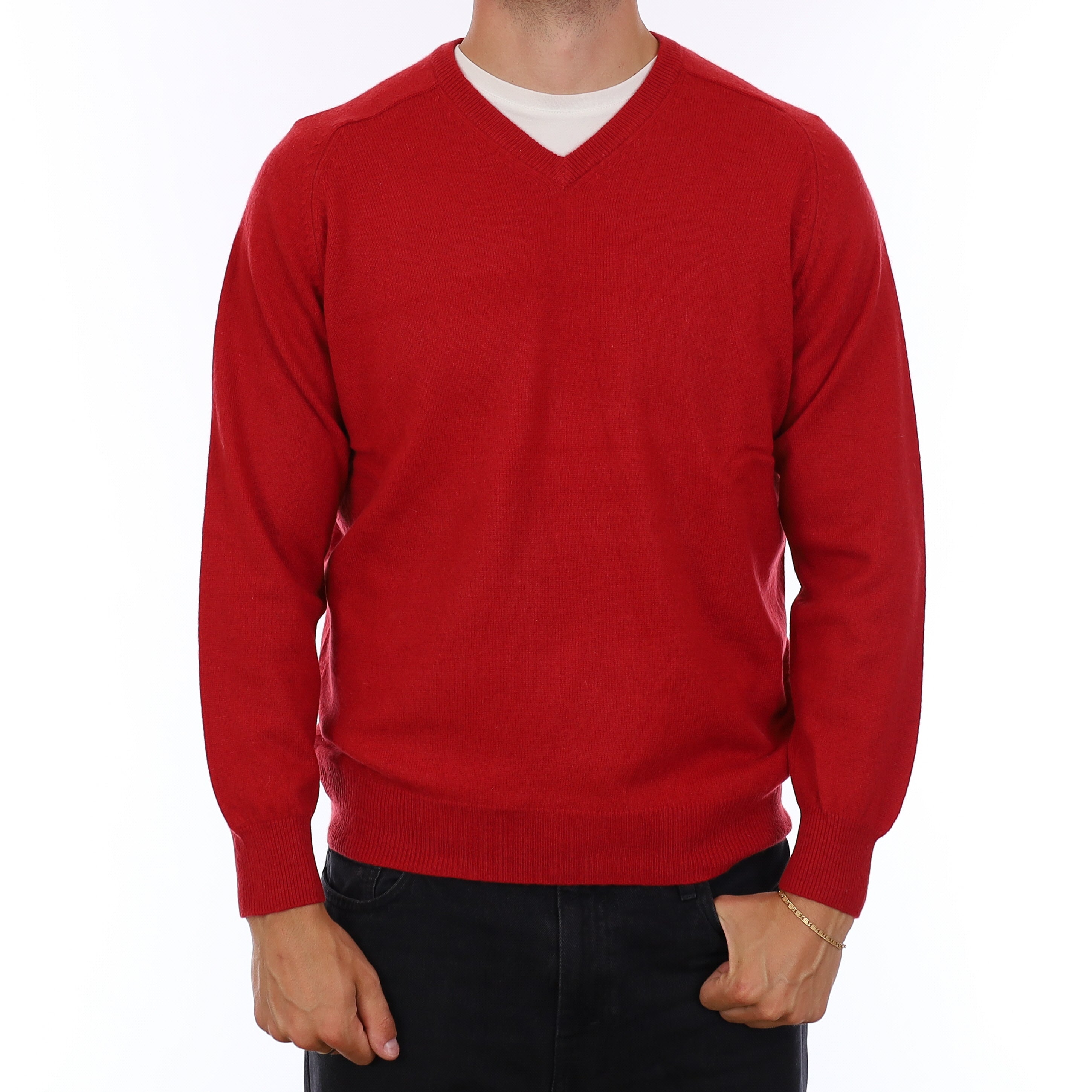 Men's Post Box Red Cashmere V Neck Jumper XL