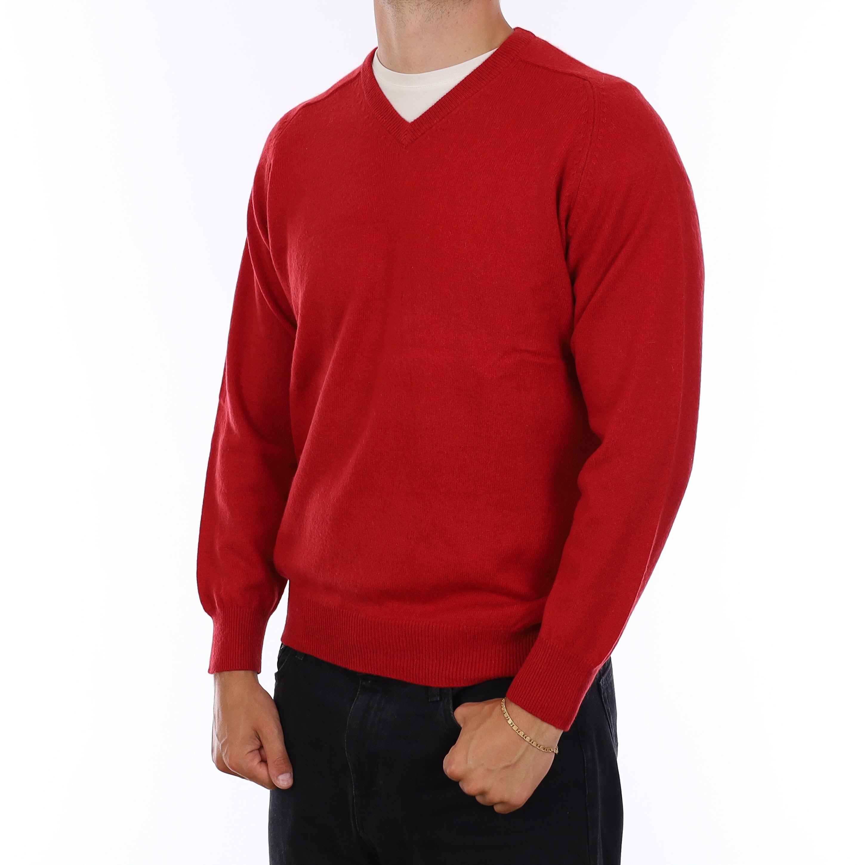 Men's Post Box Red Cashmere V Neck Jumper XL