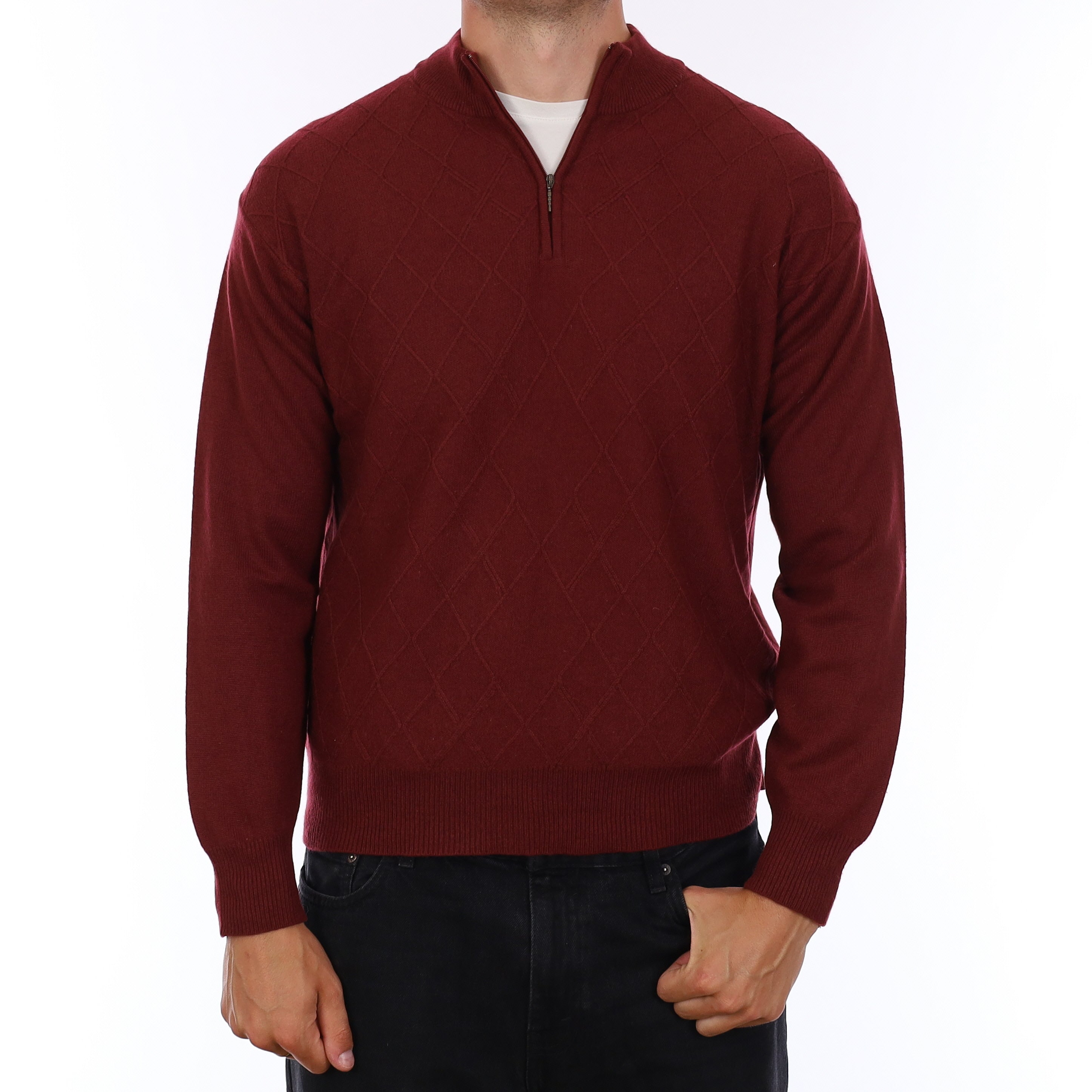 Men's Burgundy Red Textured Cashmere 1/4 Zip Jumper XL