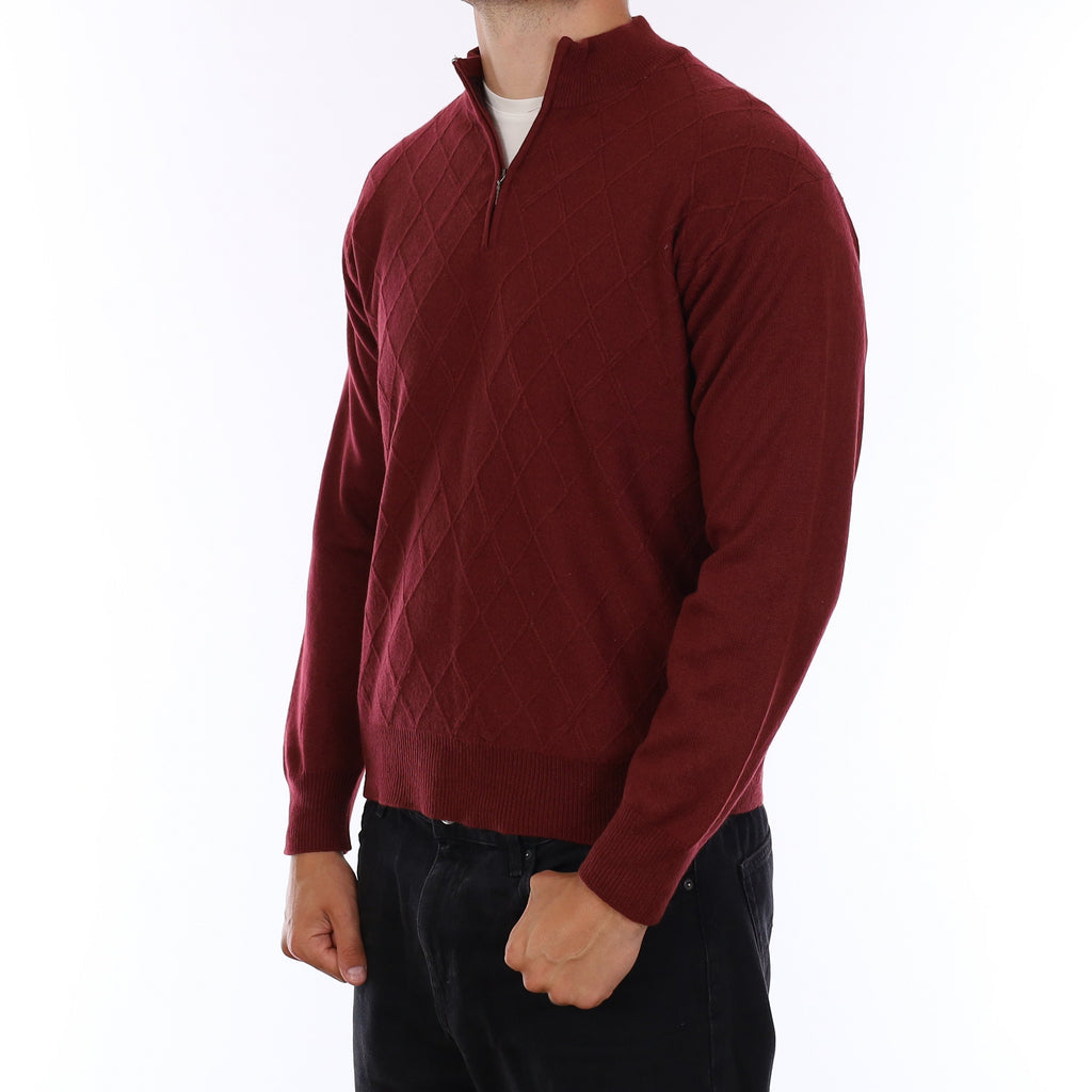 Men's Burgundy Red Textured Cashmere 1/4 Zip Jumper XL
