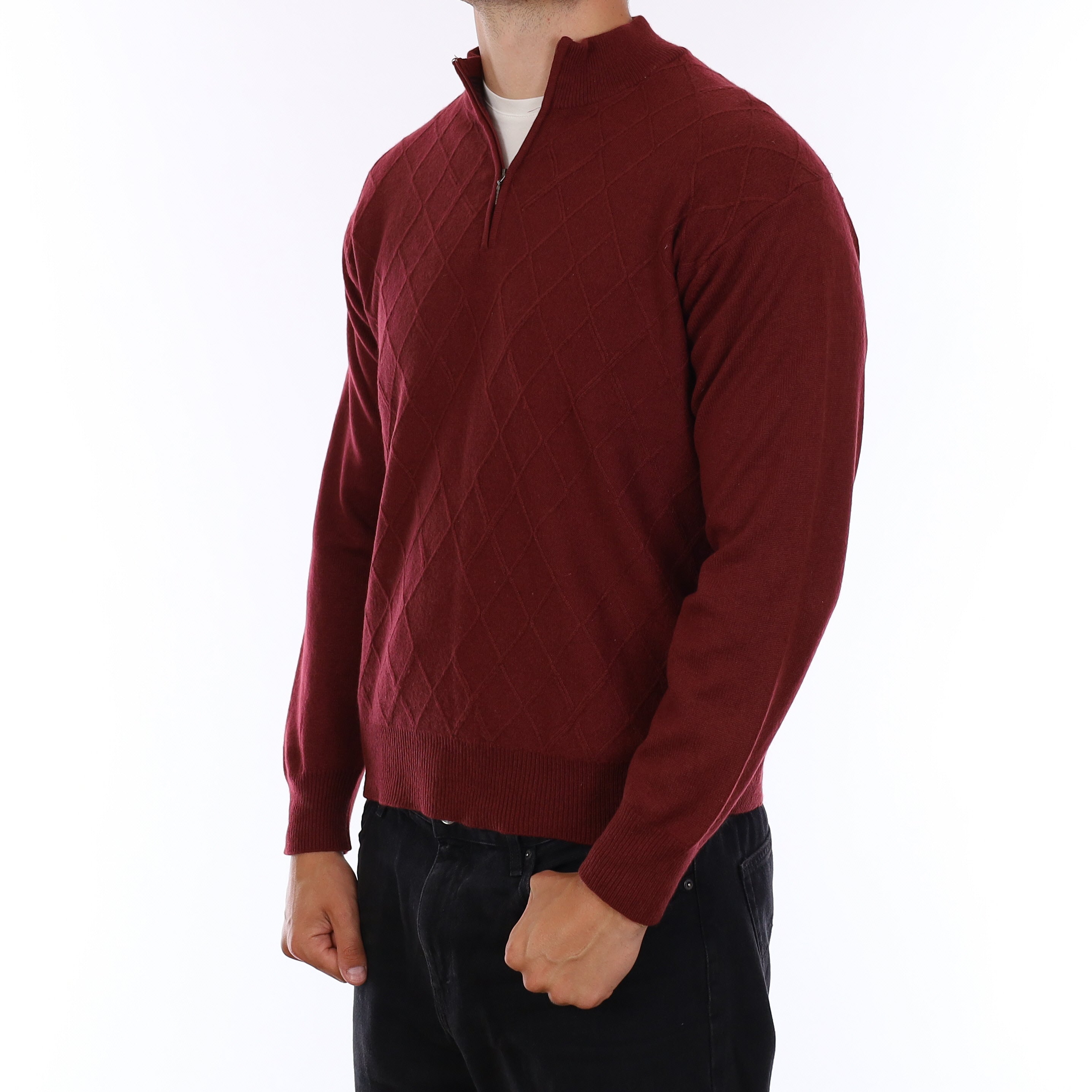 Men's Burgundy Red Textured Cashmere 1/4 Zip Jumper XL