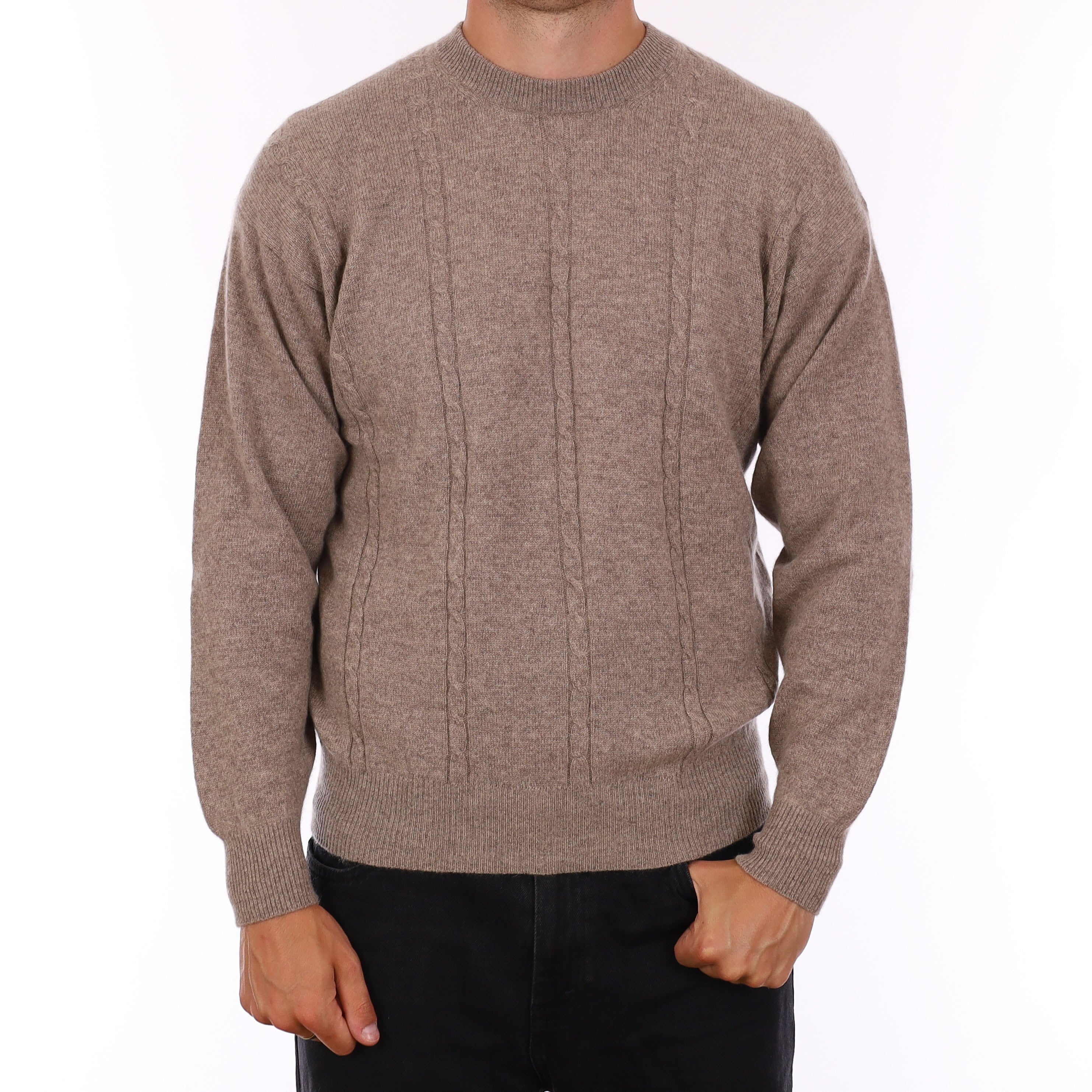 Men's Taupe Brown Cable Detail Cashmere Crew Neck Jumper XL