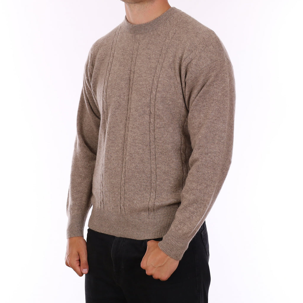 Men's Taupe Brown Cable Detail Cashmere Crew Neck Jumper XL
