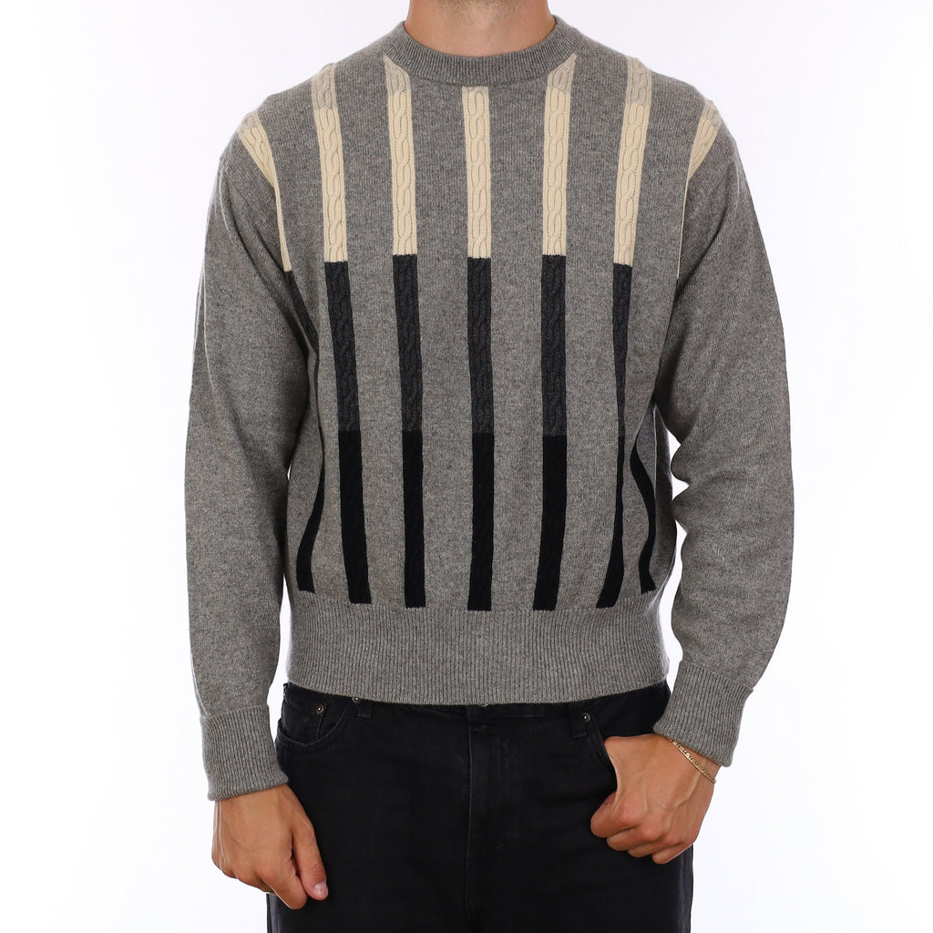 Men's Grey Patterned Heavy Knit Cashmere Crew Neck Jumper XL