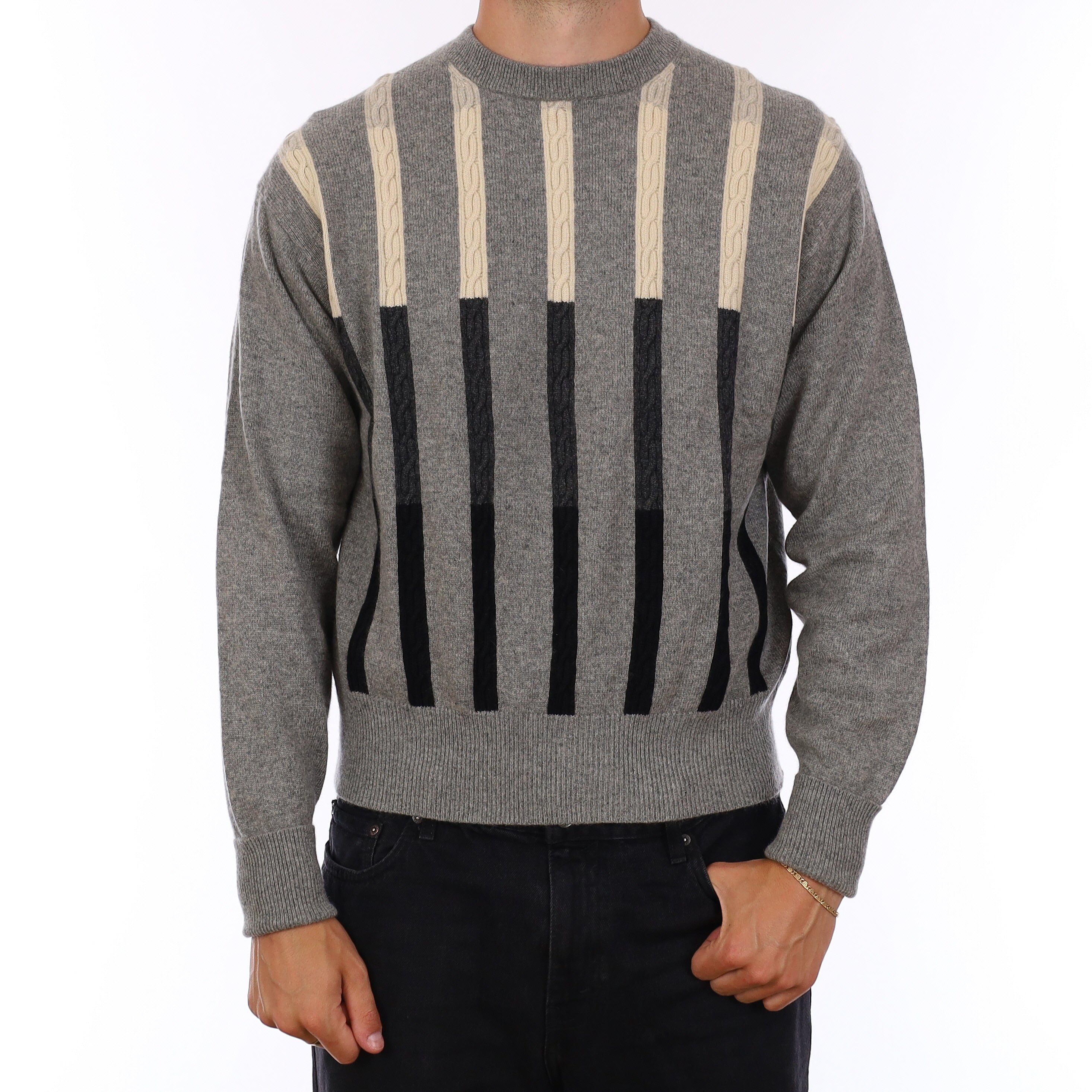 Men's Grey Patterned Heavy Knit Cashmere Crew Neck Jumper XL