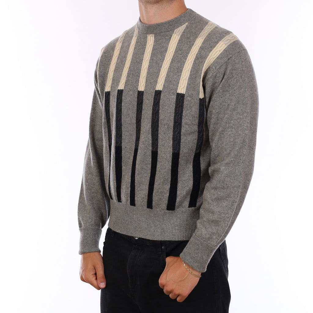 Men's Grey Patterned Heavy Knit Cashmere Crew Neck Jumper XL