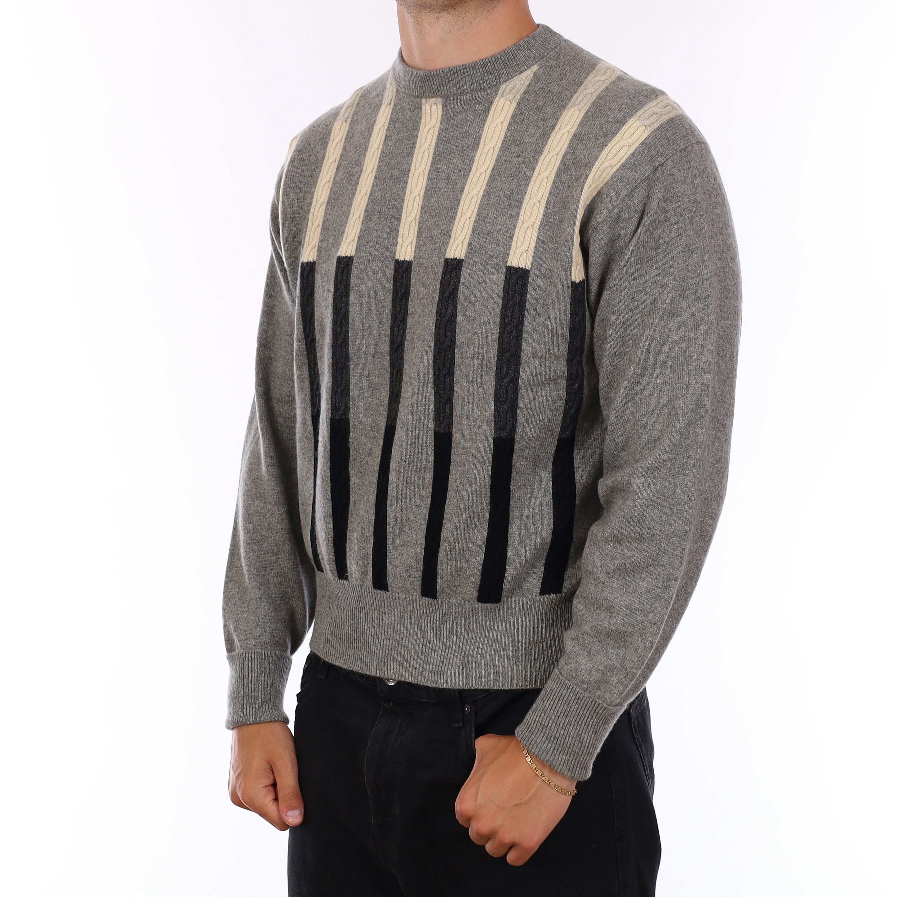 Men's Grey Patterned Heavy Knit Cashmere Crew Neck Jumper XL