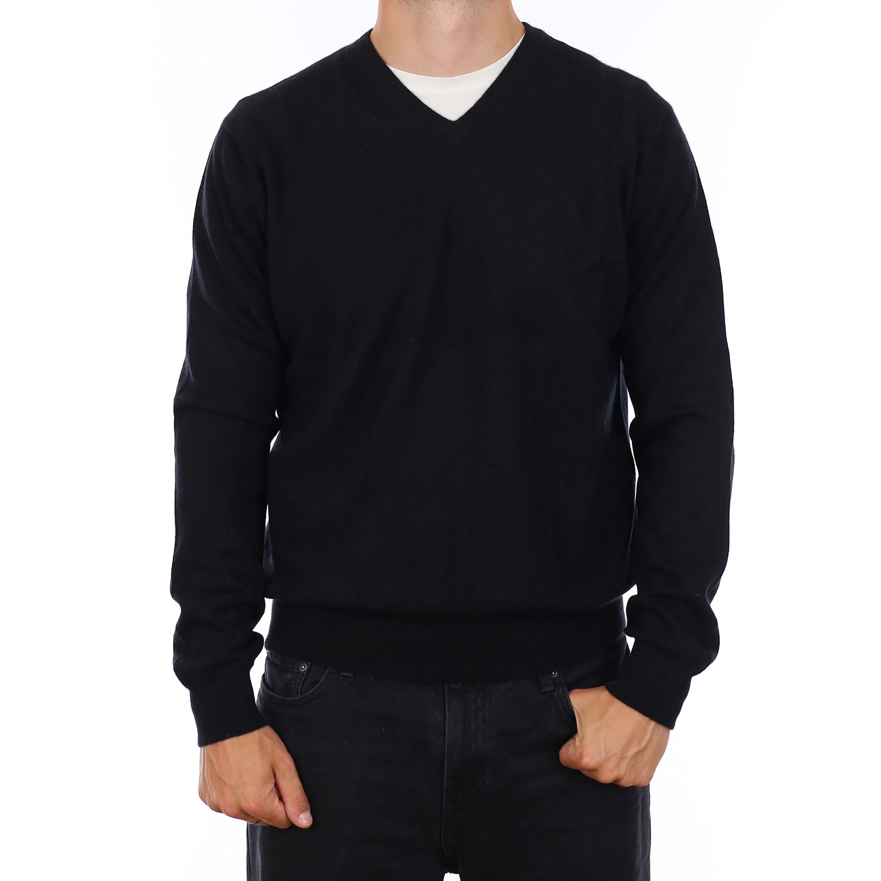Men's Black Cashmere V Neck Jumper XL