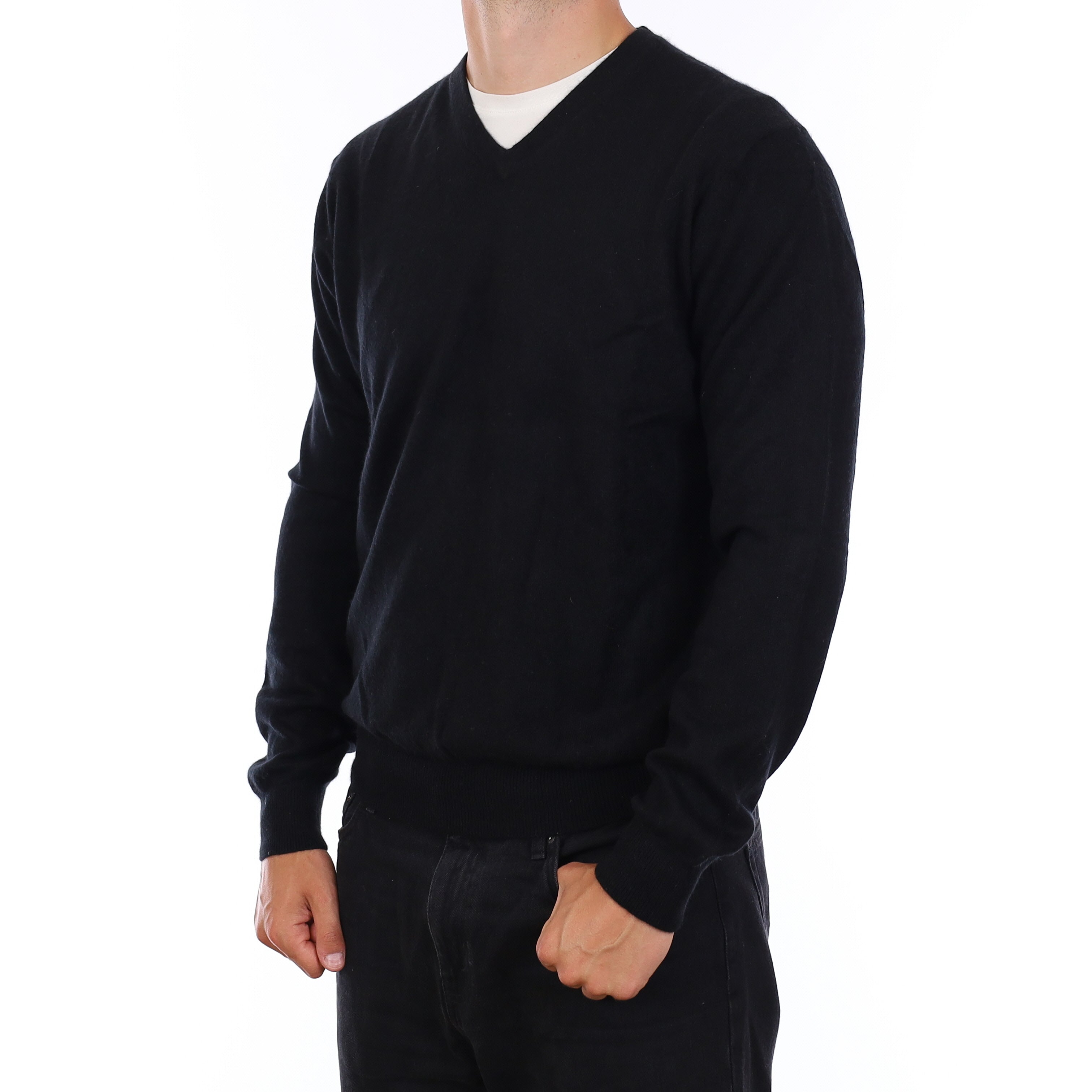 Men's Black Cashmere V Neck Jumper XL