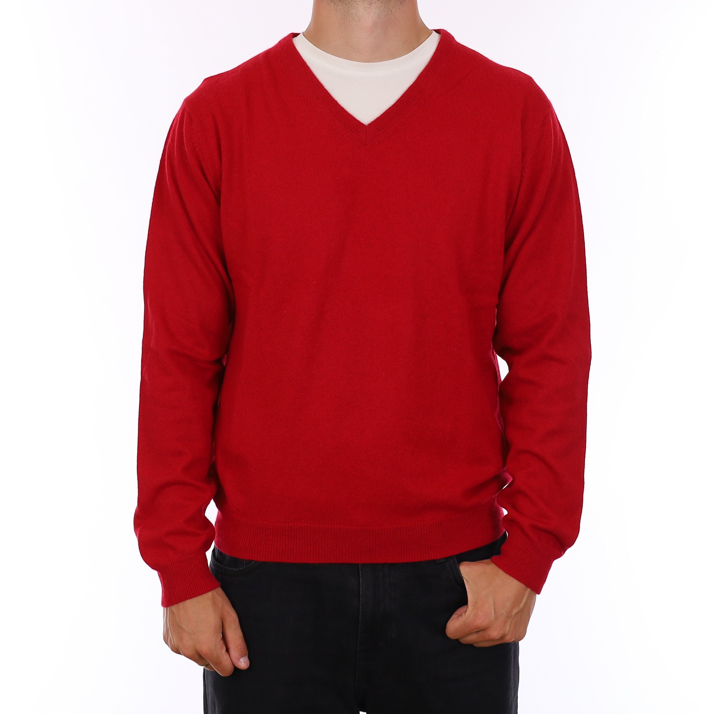 Men's Berry Red Cashmere V Neck Jumper XL