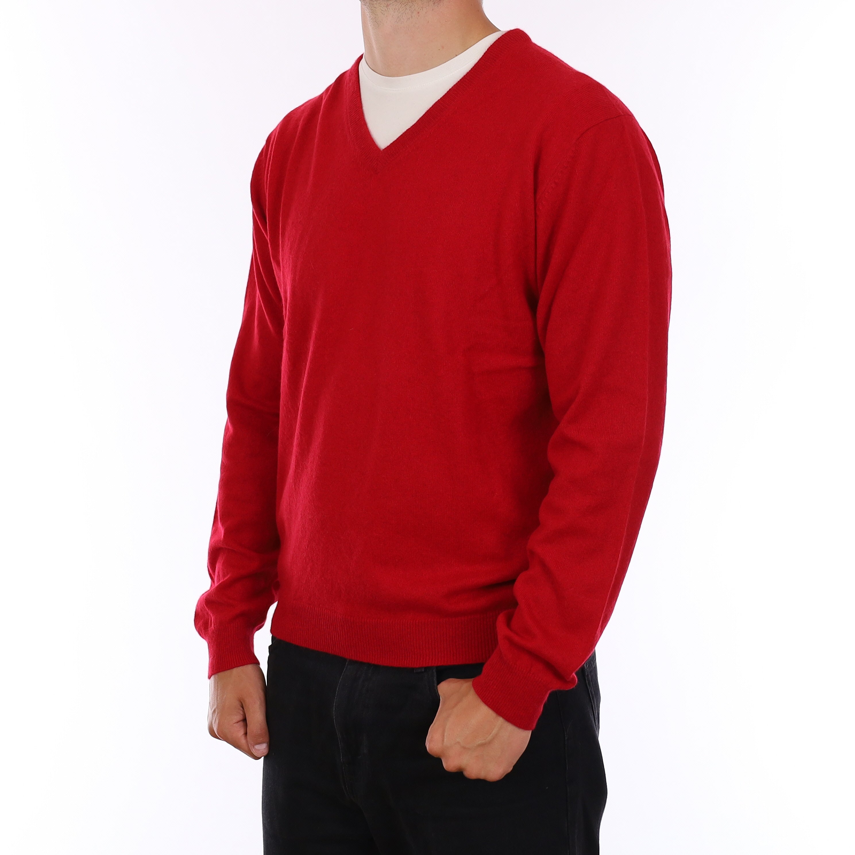 Men's Berry Red Cashmere V Neck Jumper XL