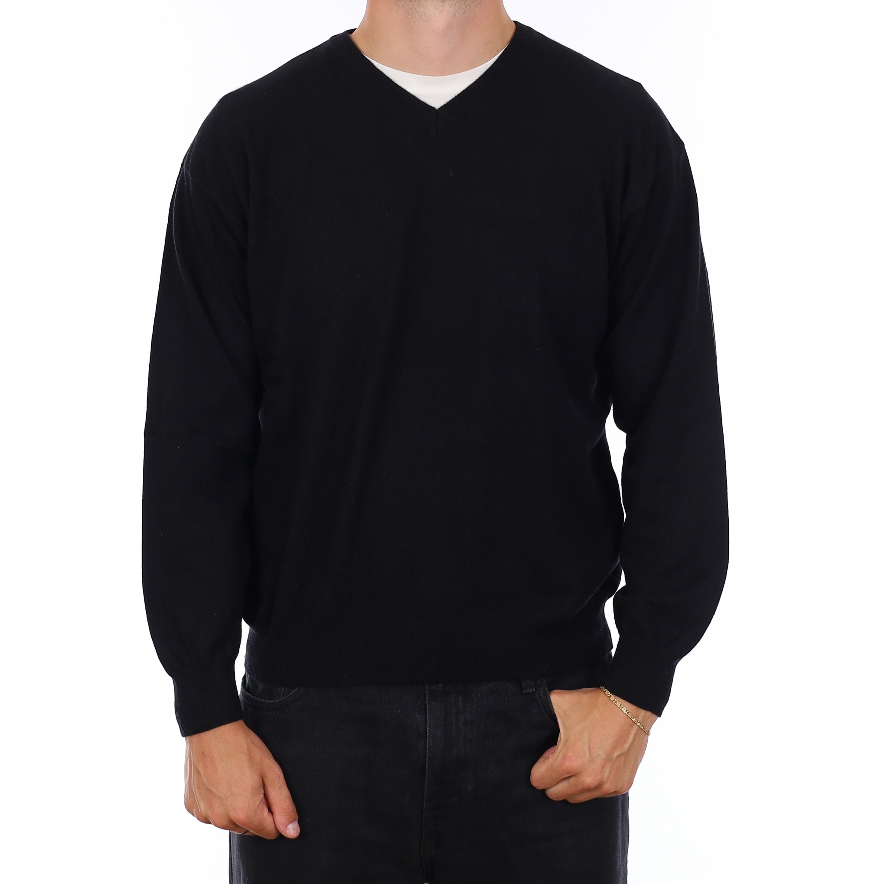 Men's Black Cashmere V Neck Jumper XL