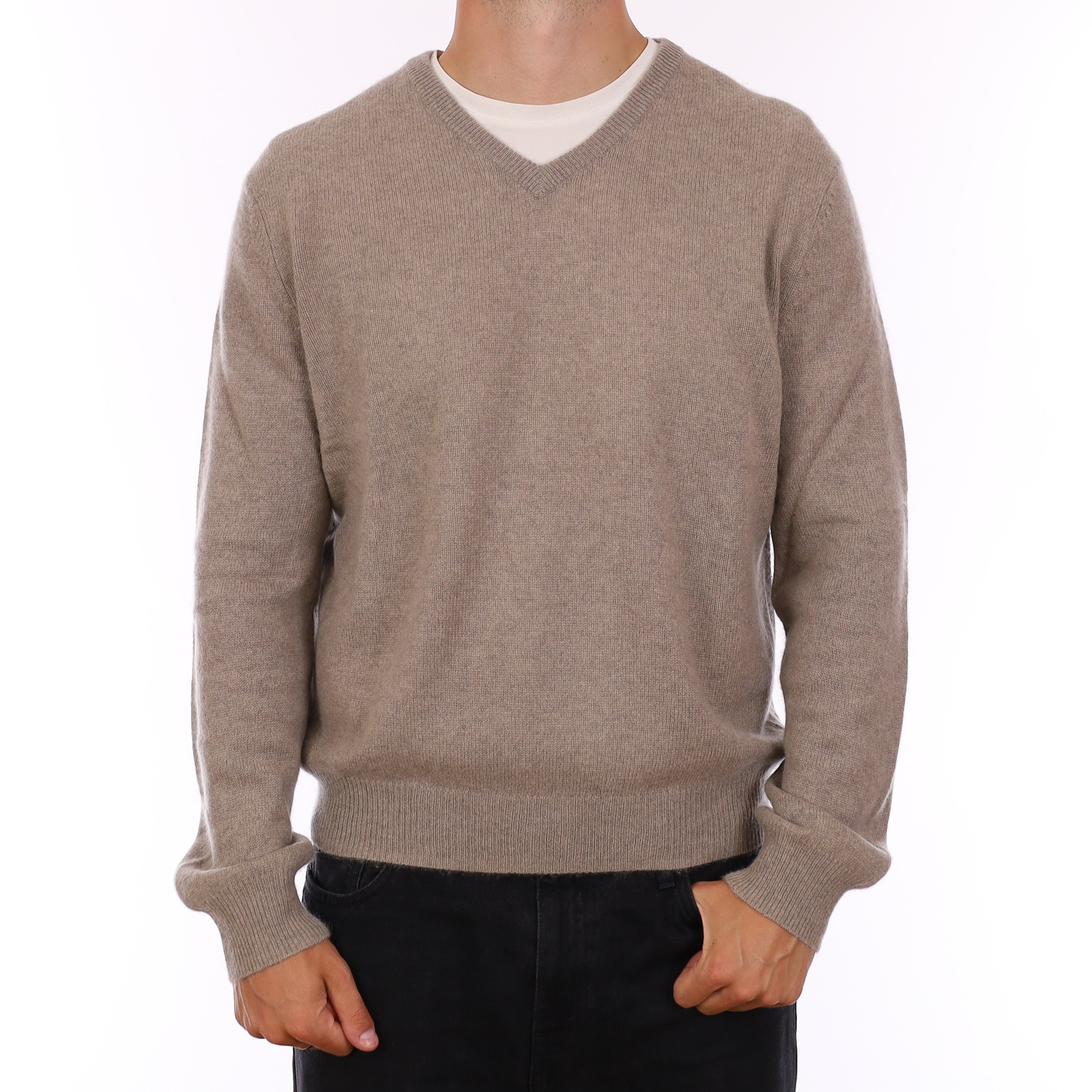Men's Fawn Grey Cashmere V Neck Jumper XL