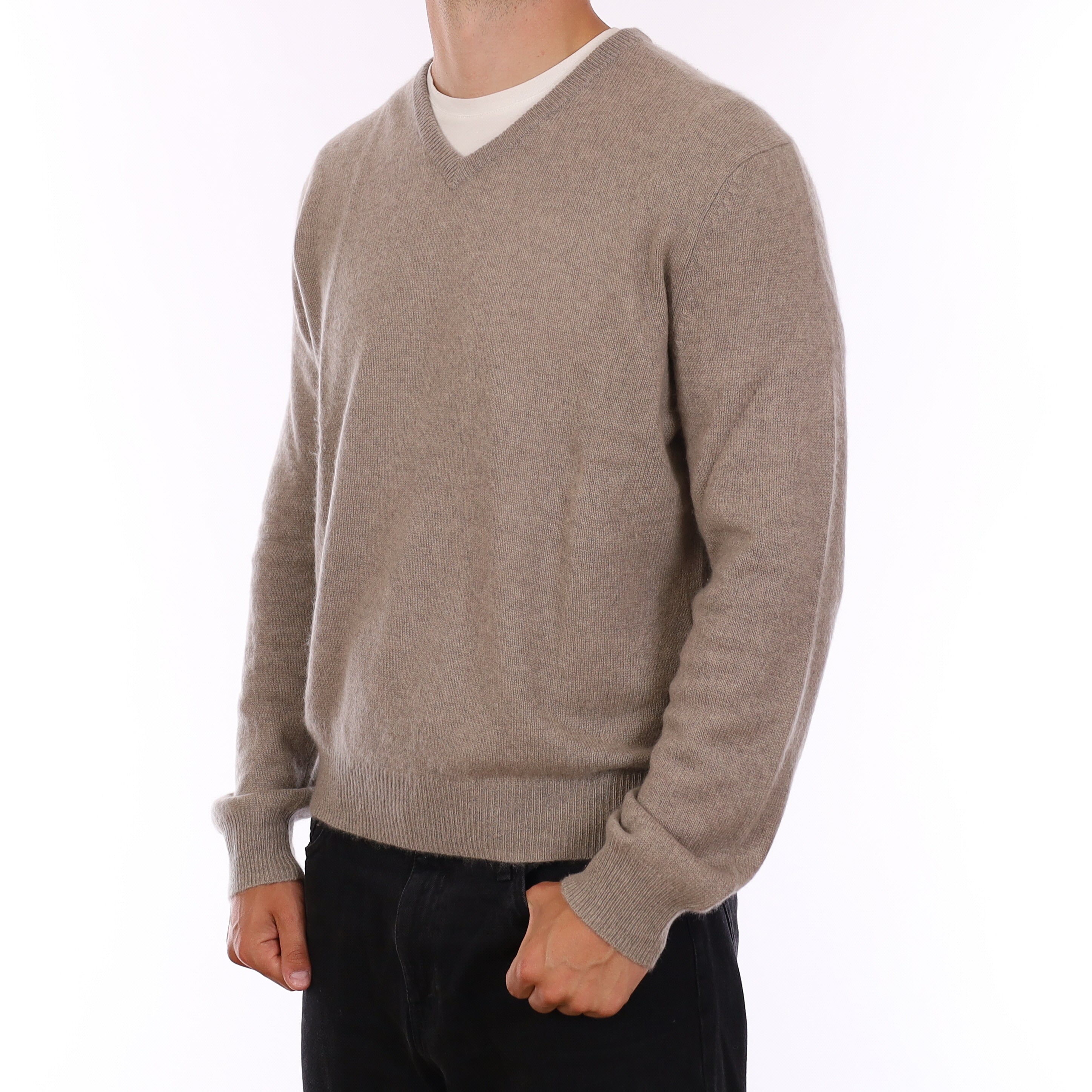 Men's Fawn Grey Cashmere V Neck Jumper XL