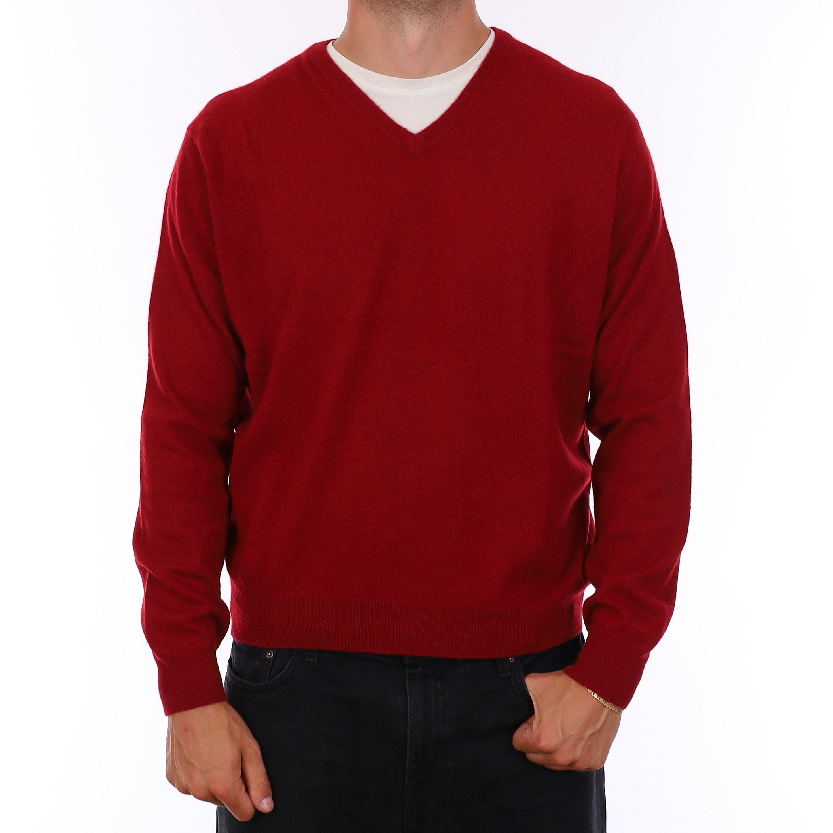 Men's Crimson Red Cashmere V Neck Jumper XL