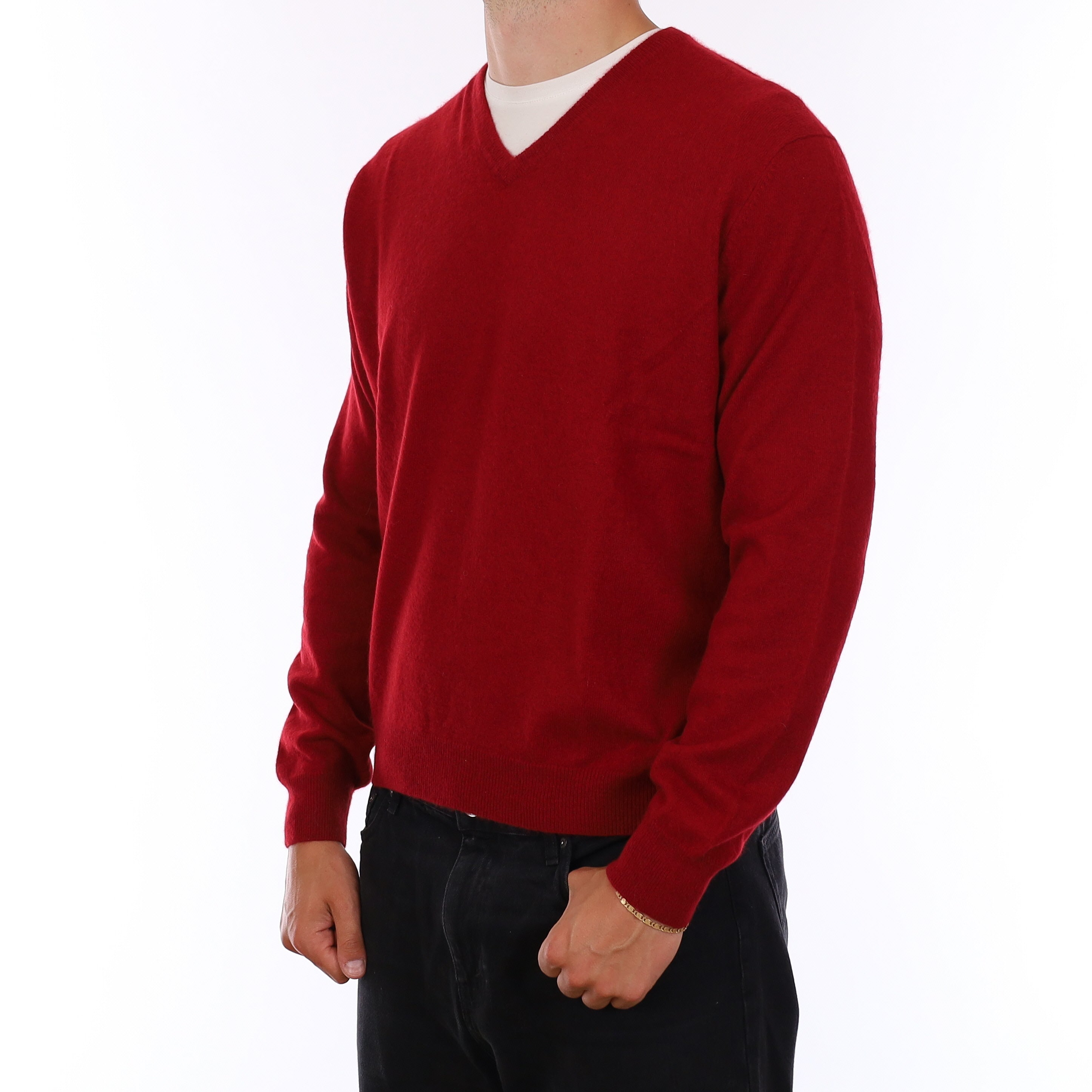 Men's Crimson Red Cashmere V Neck Jumper XL