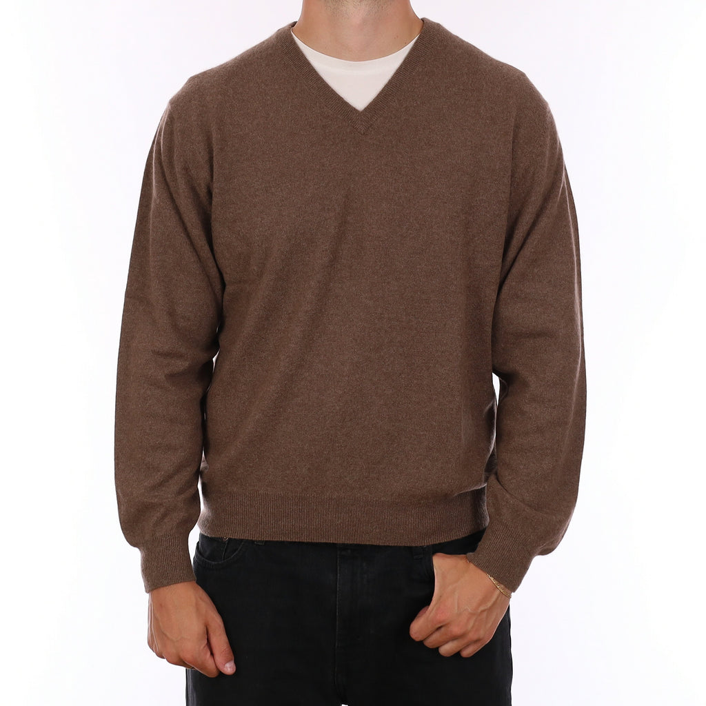 Men's Latte Brown Cashmere V Neck Jumper XL