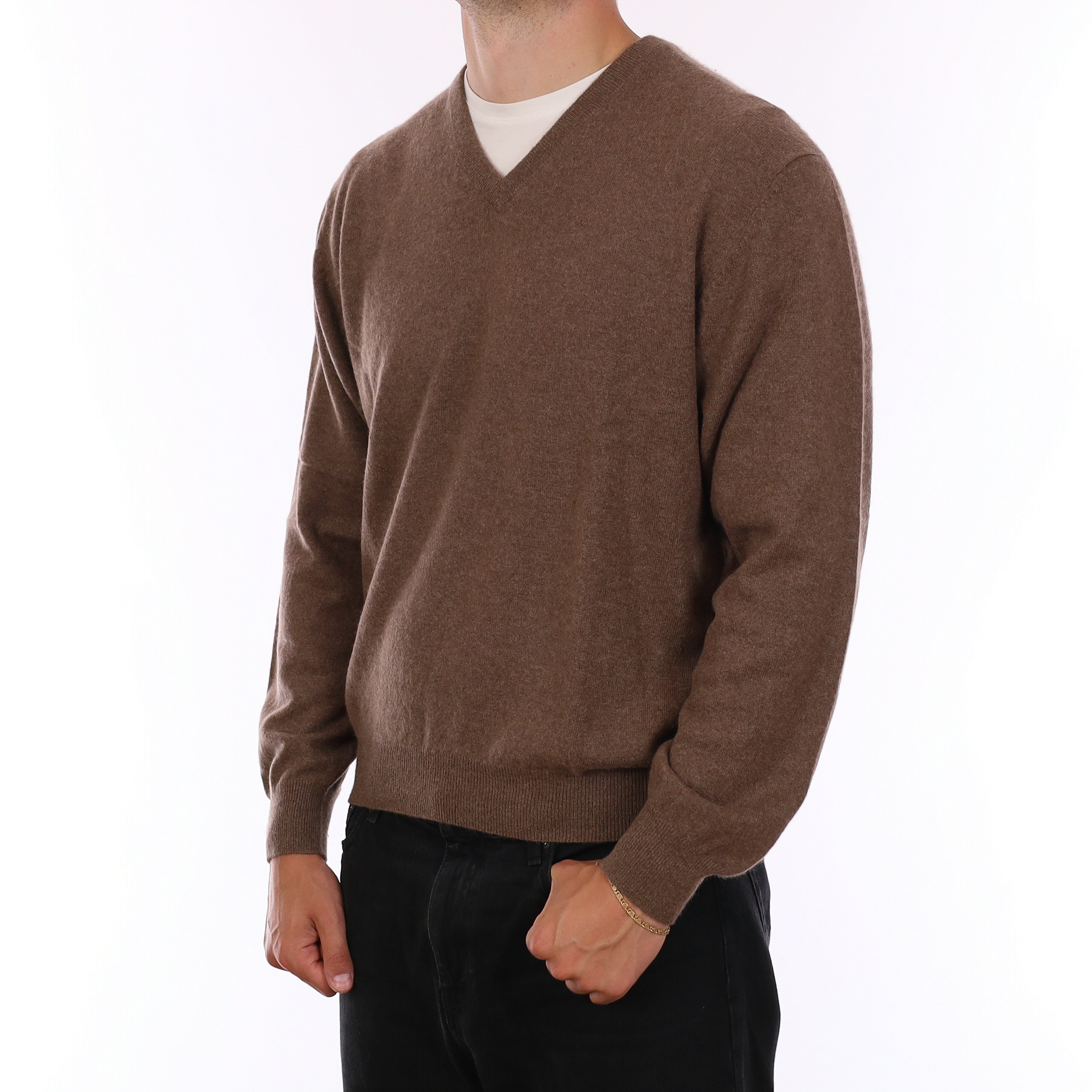 Men's Latte Brown Cashmere V Neck Jumper XL