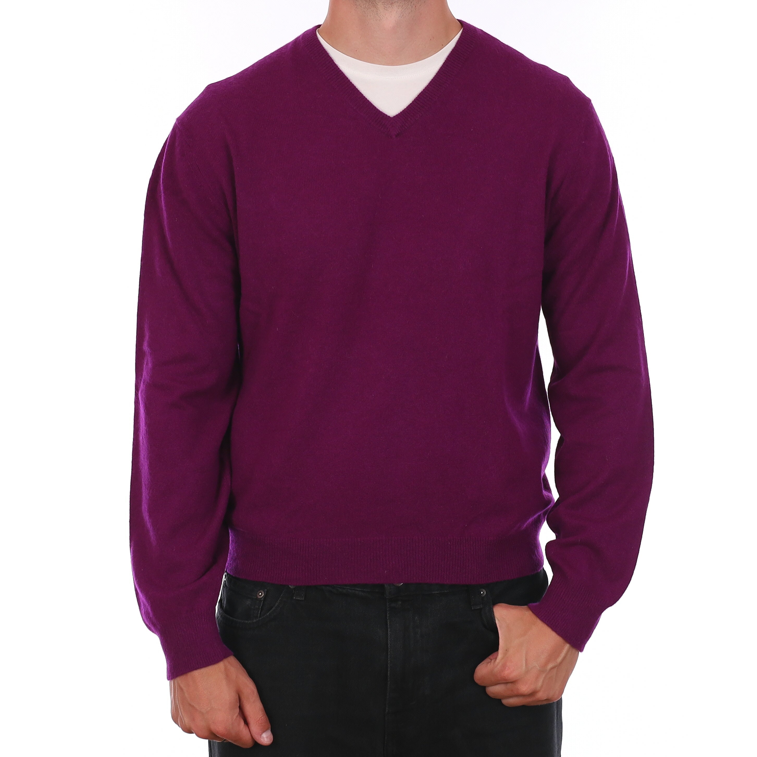Men's Damson Purple Cashmere V Neck Jumper XL