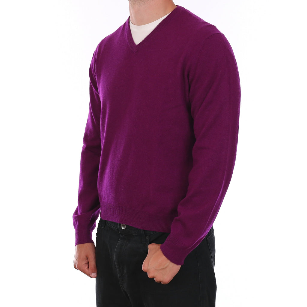 Men's Damson Purple Cashmere V Neck Jumper XL