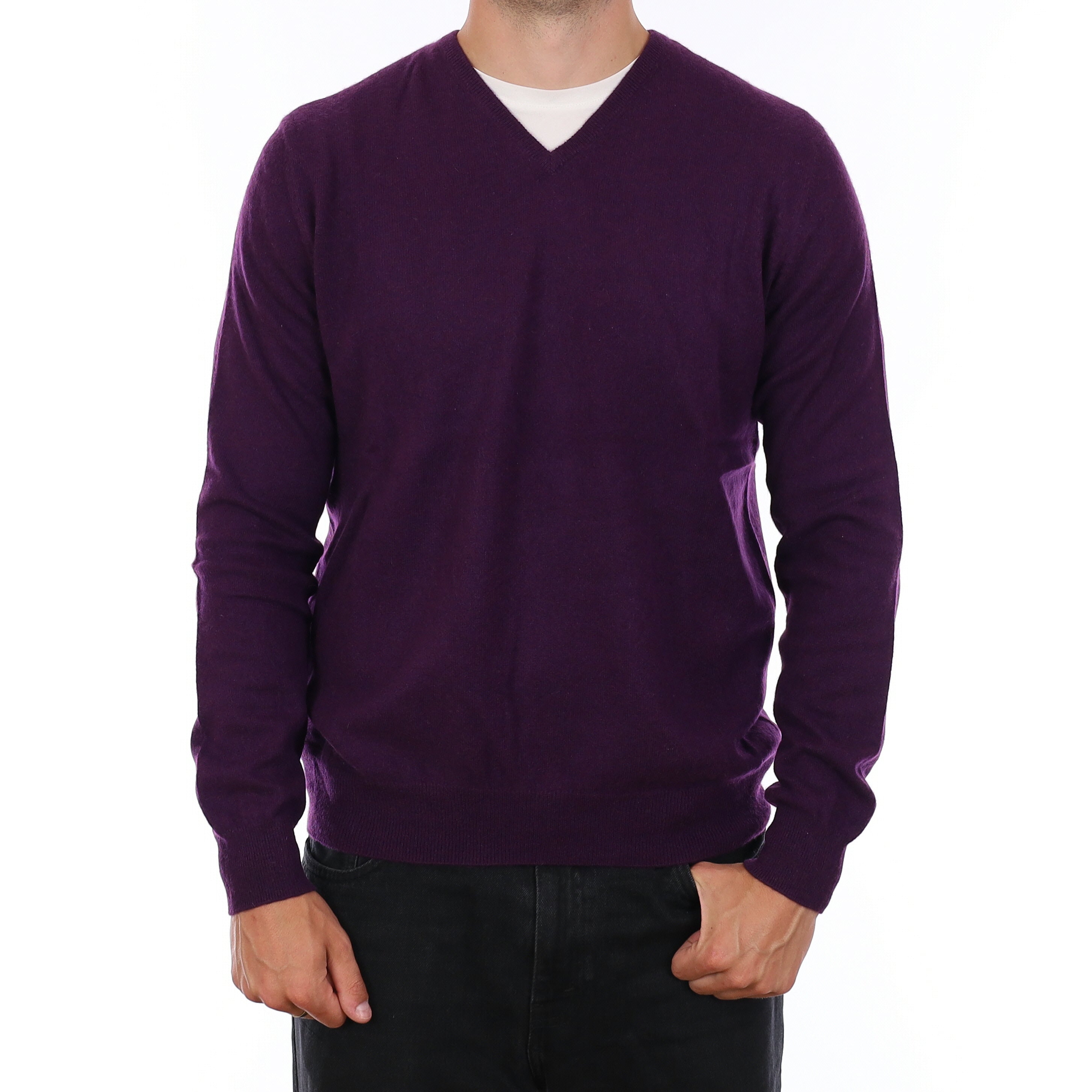 Men's Grape Purple Cashmere V Neck Jumper XL