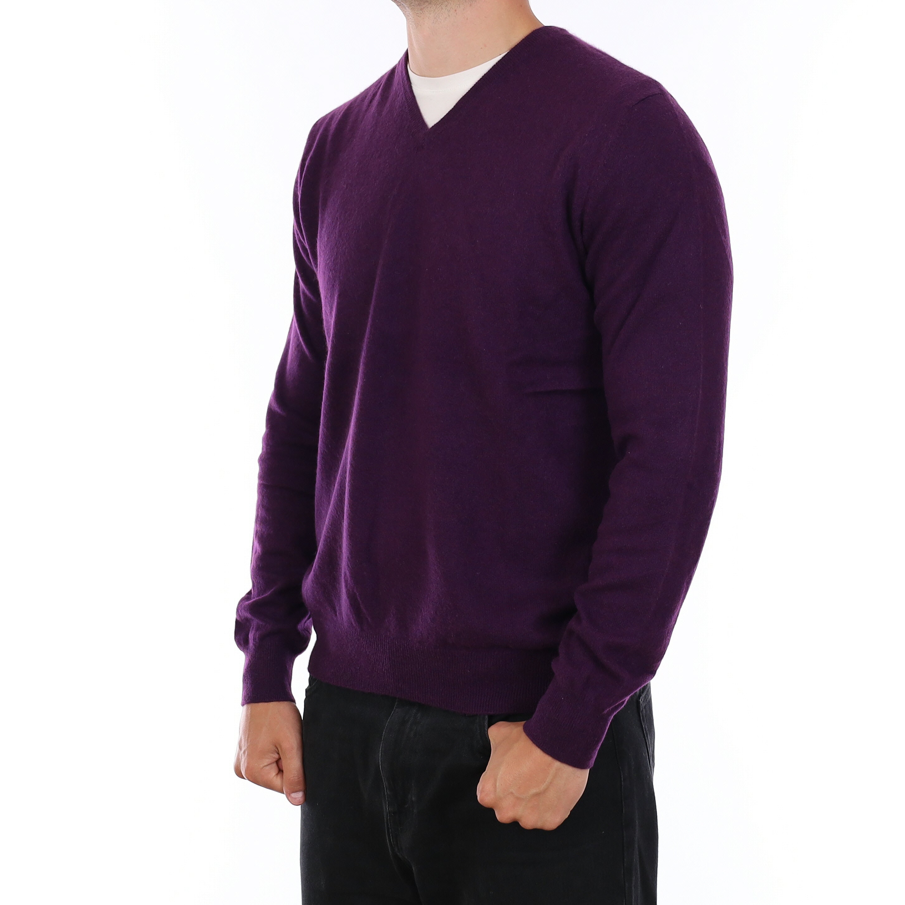 Men's Grape Purple Cashmere V Neck Jumper XL