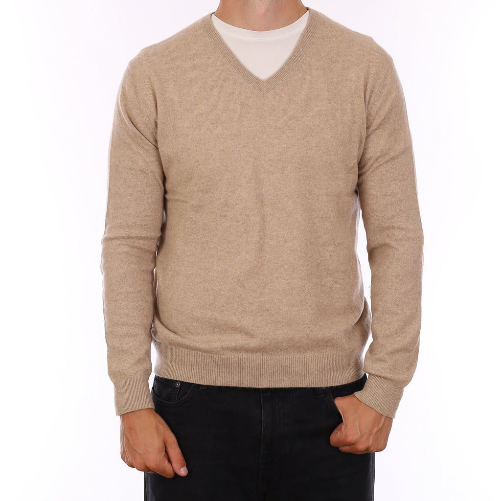 Men's Biscuit Beige Cashmere V Neck Jumper XL